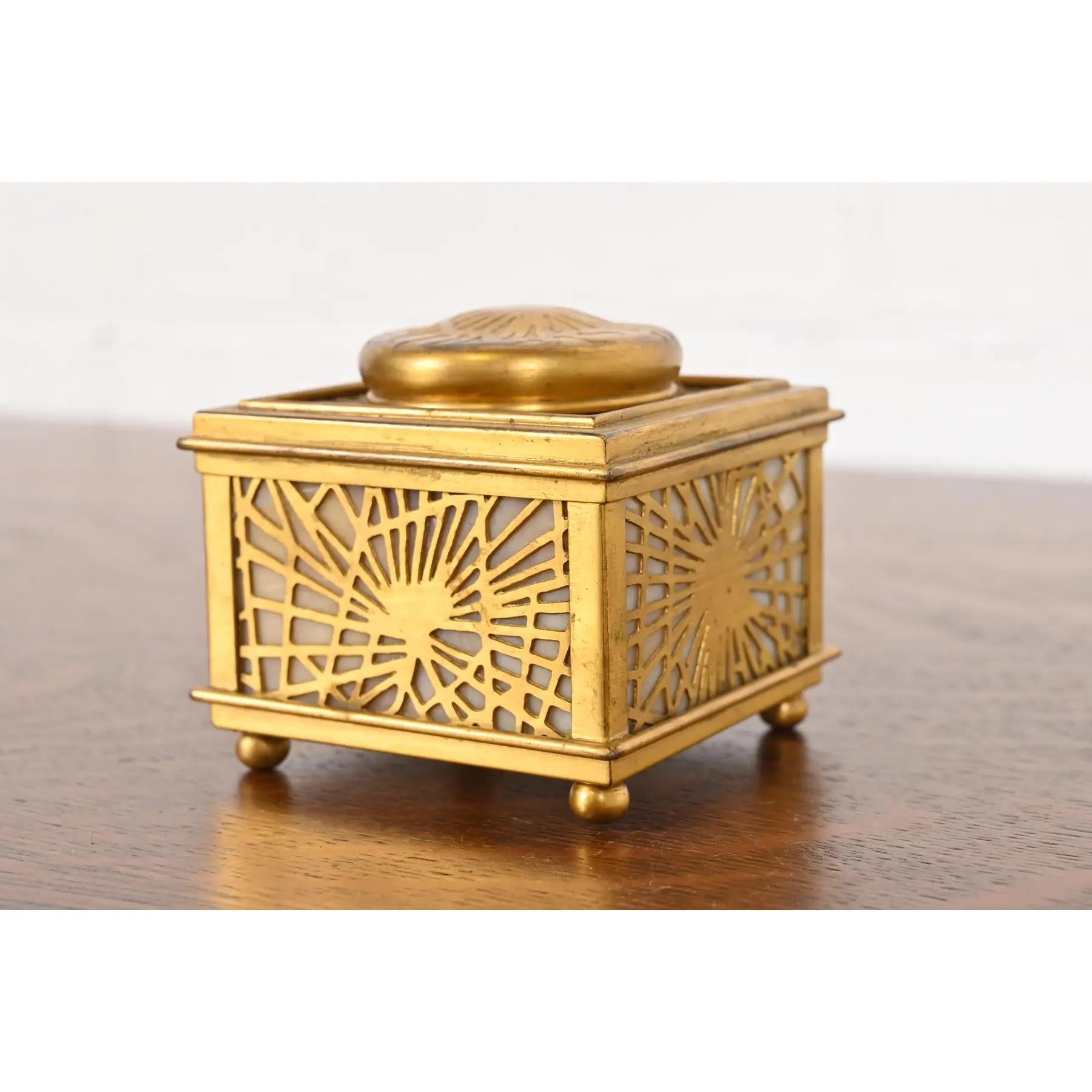 A gorgeous Arts & Crafts or Art Deco period gilt bronze and favrile slag glass 