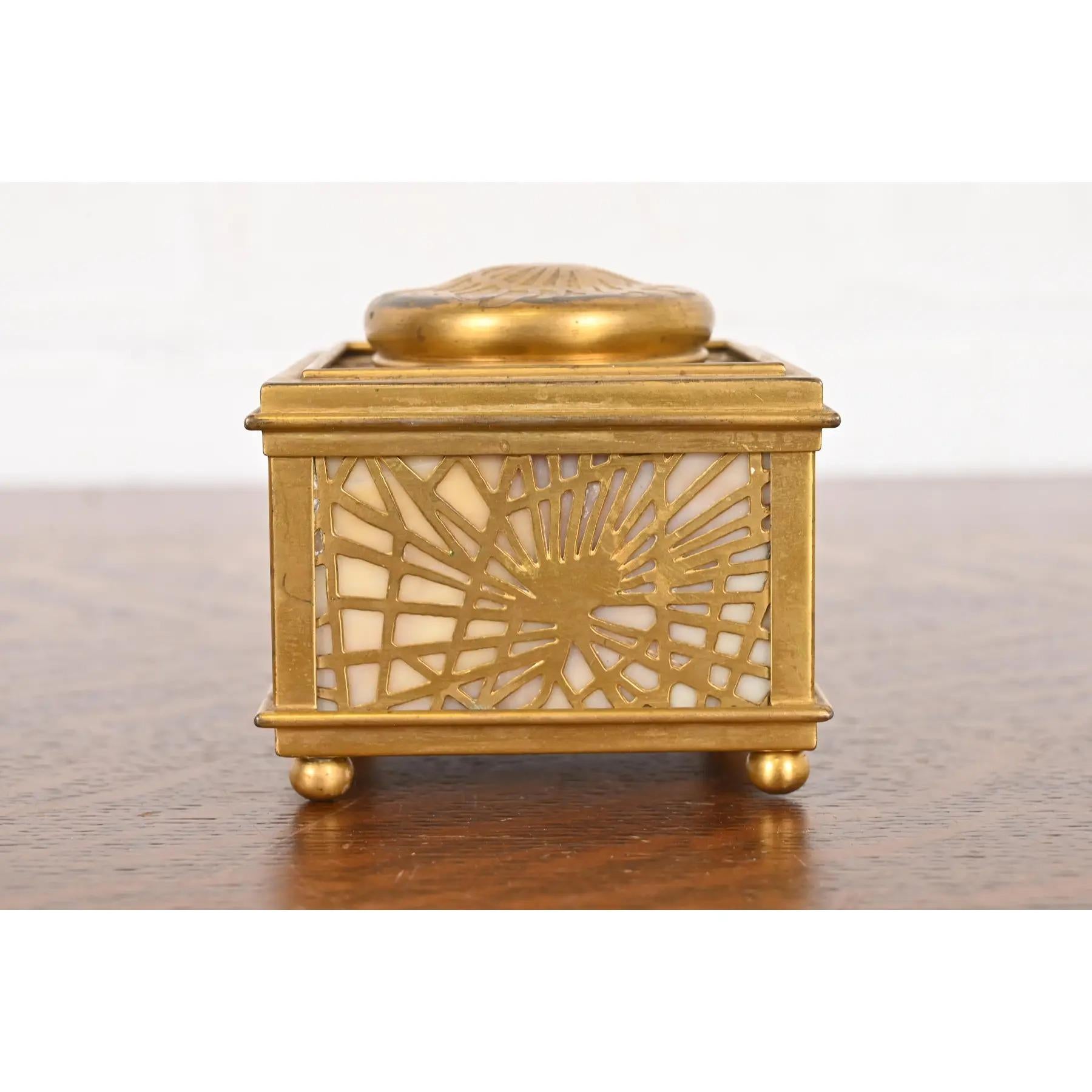 Arts and Crafts Tiffany Studios New York Pine Needle Bronze Doré and Favrile Slag Glass Inkwell For Sale