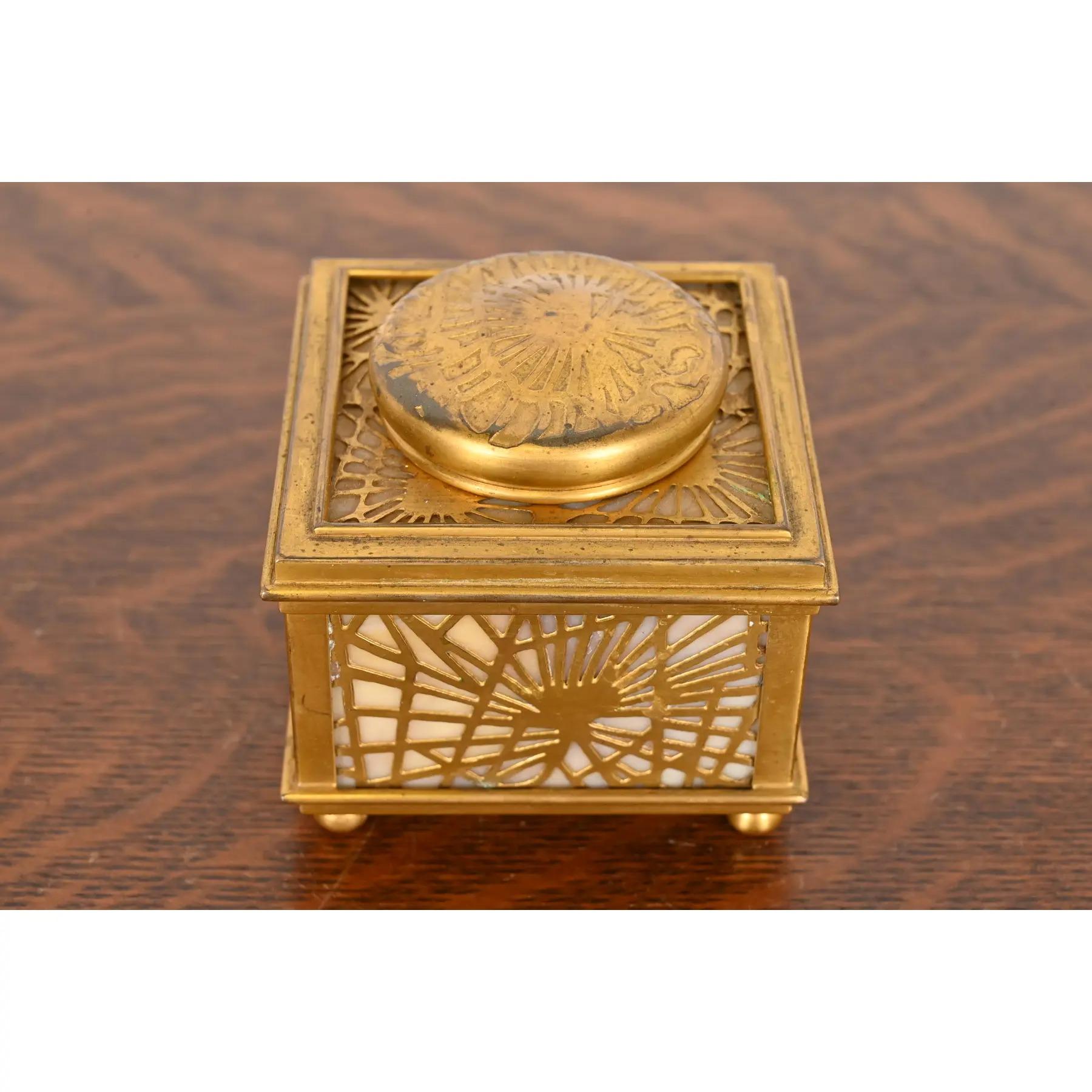 American Tiffany Studios New York Pine Needle Bronze Doré and Favrile Slag Glass Inkwell For Sale