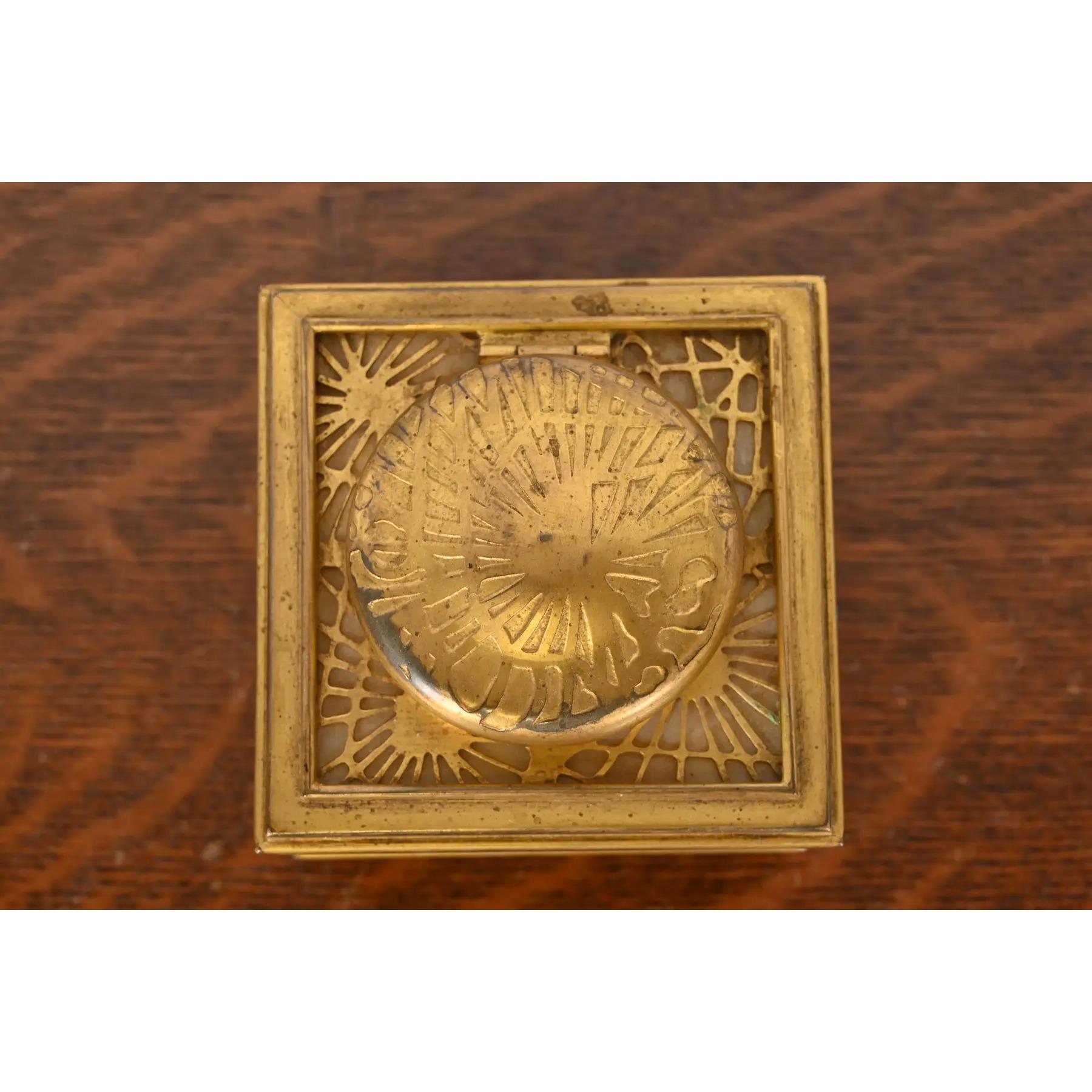 20th Century Tiffany Studios New York Pine Needle Bronze Doré and Favrile Slag Glass Inkwell For Sale