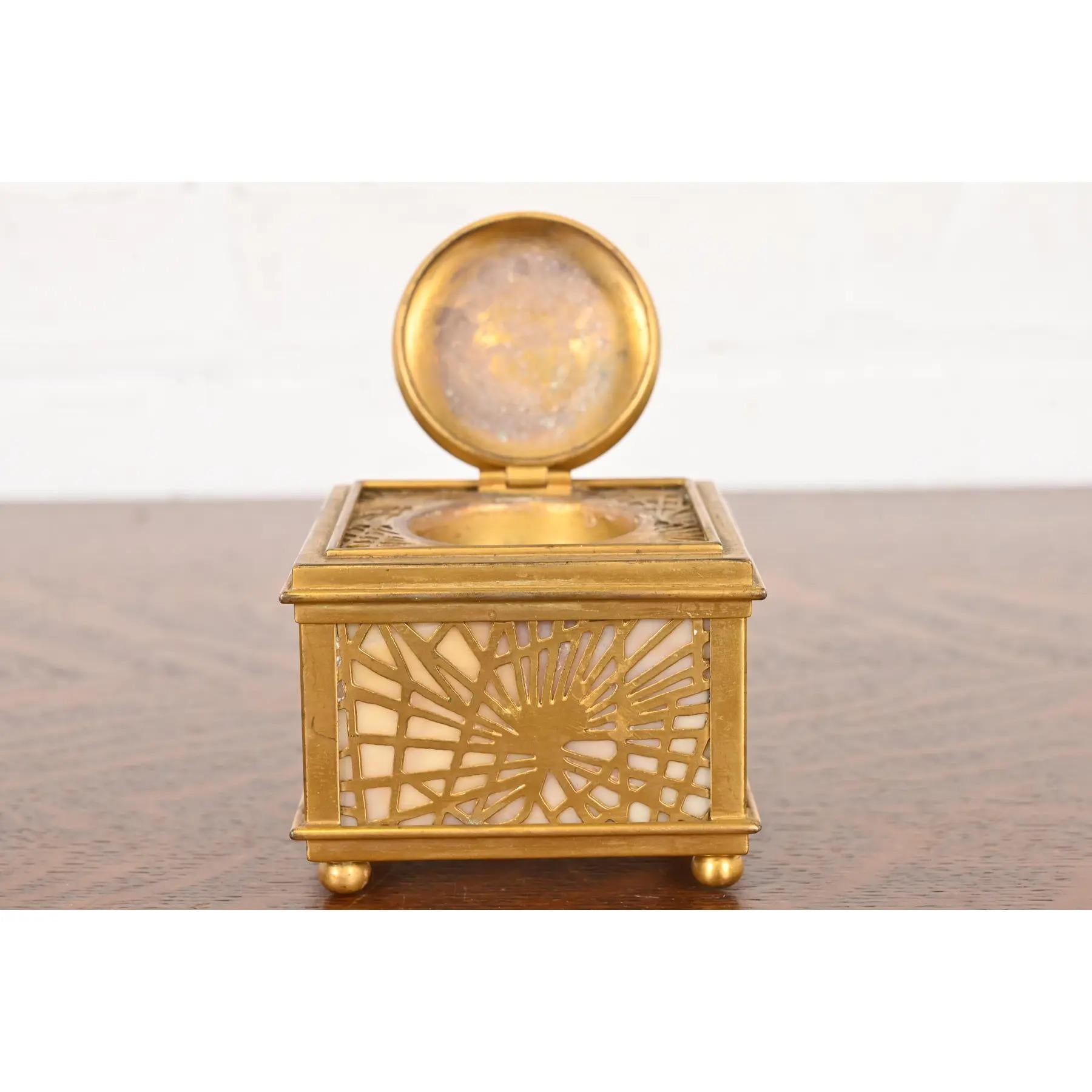 Tiffany Studios New York Pine Needle Bronze Doré and Favrile Slag Glass Inkwell For Sale 2