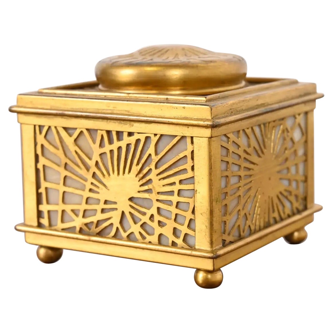 Tiffany Studios New York Pine Needle Bronze Doré and Favrile Slag Glass Inkwell For Sale
