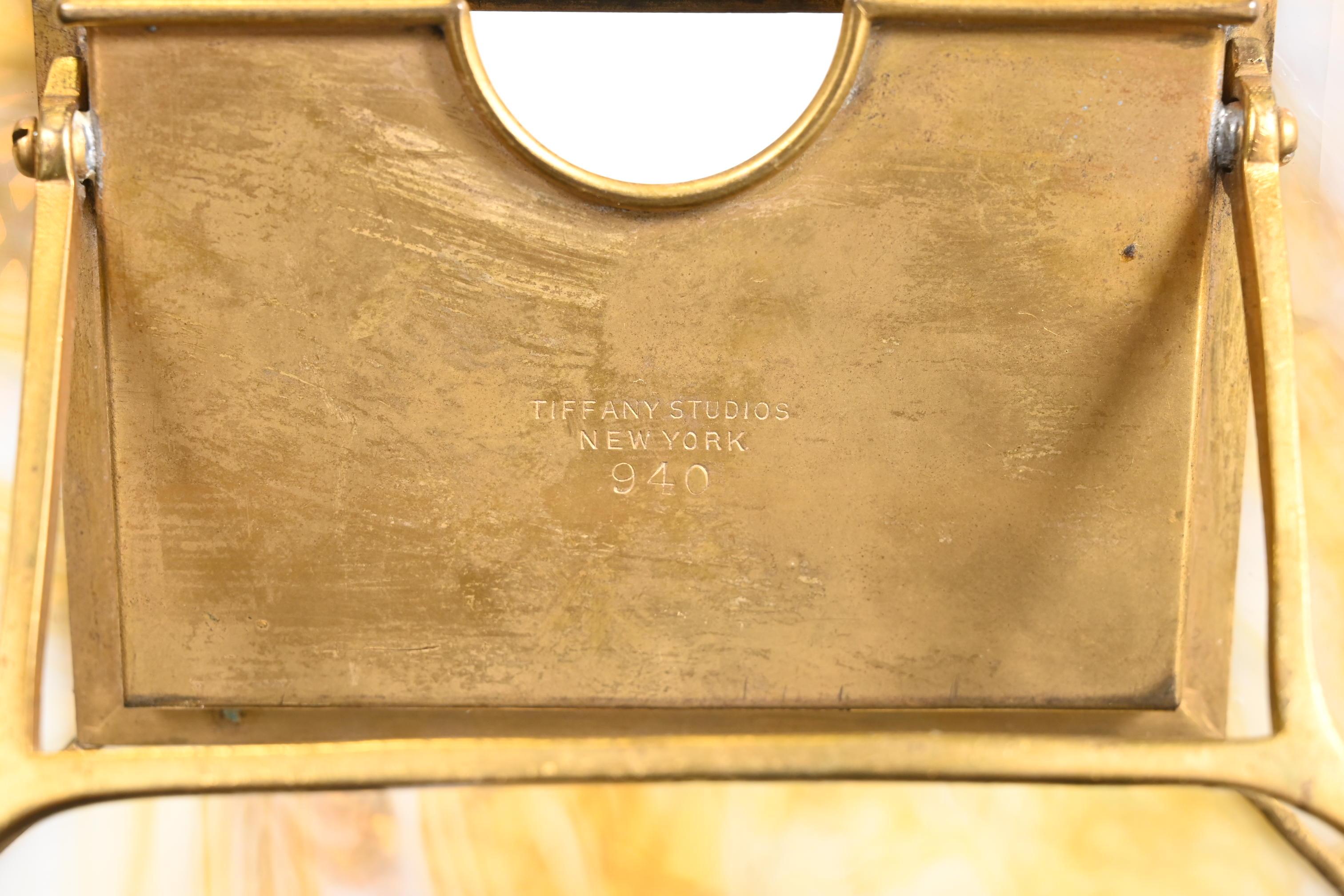 Tiffany Studios New York Pine Needle Bronze Doré and Slag Glass Calendar Frame 4