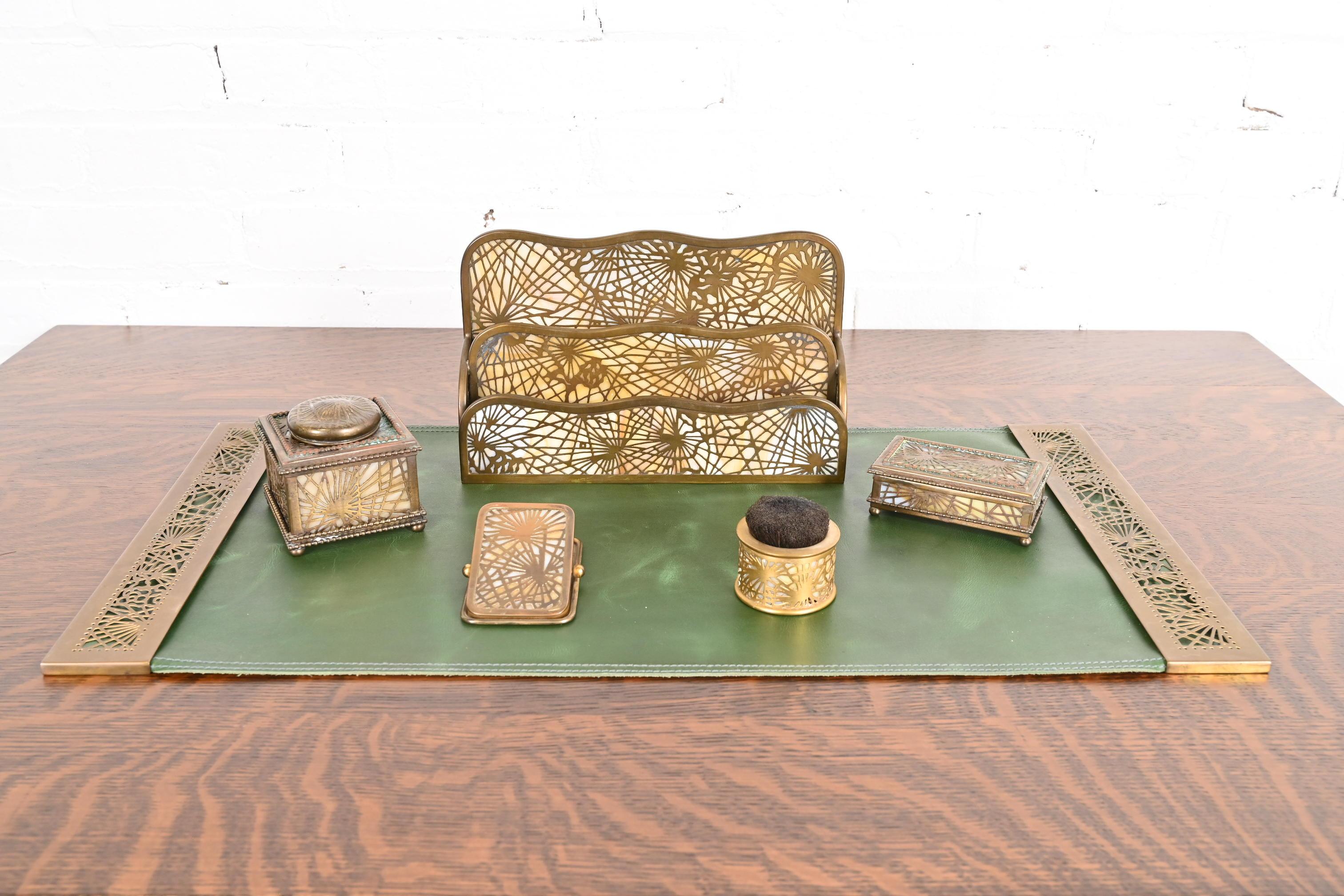 Tiffany Studios New York Pine Needle Bronze Doré and Slag Glass Inkwell For Sale 5