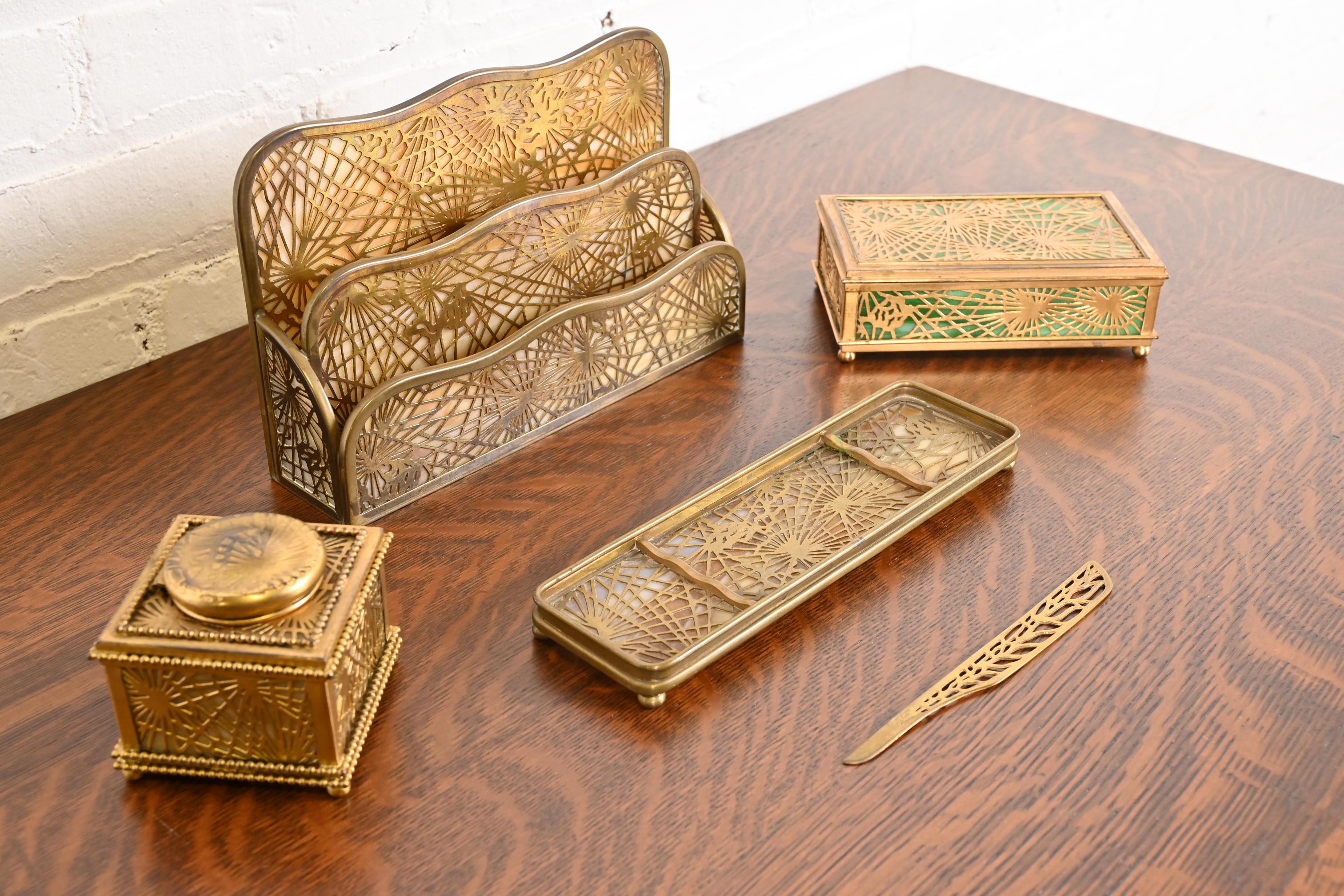 Tiffany Studios New York Pine Needle Bronze Doré and Slag Glass Inkwell 5
