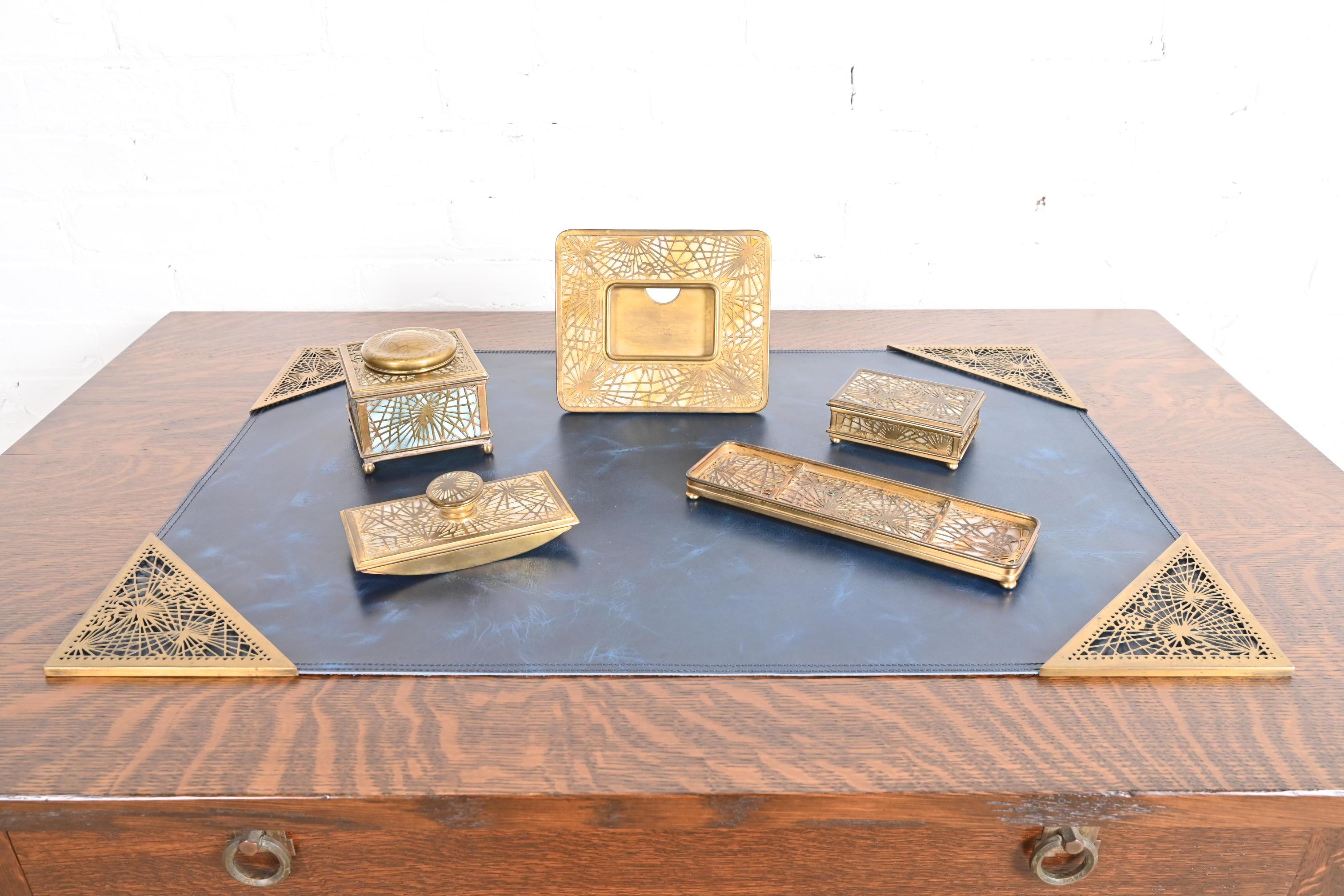 Tiffany Studios New York Pine Needle Bronze Dor�é and Slag Glass Inkwell 6