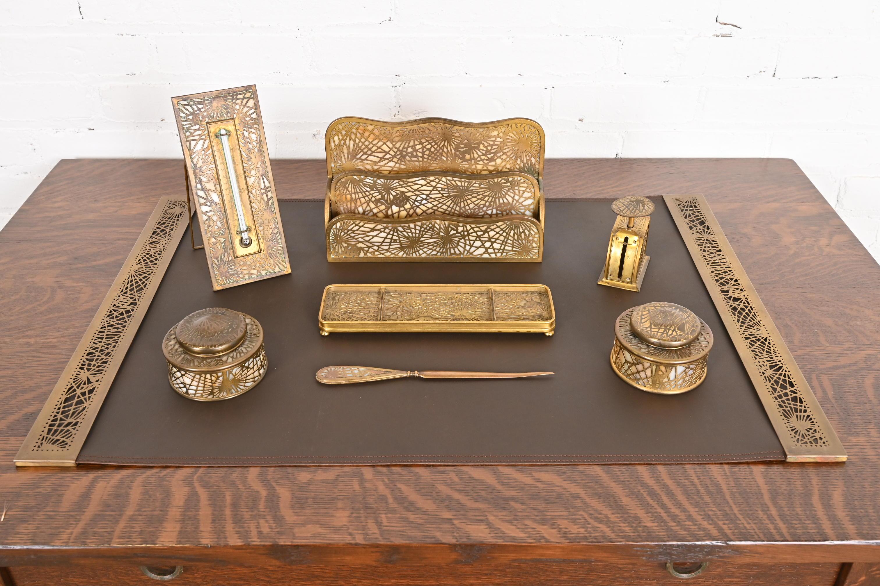 Tiffany Studios New York Pine Needle Bronze Doré and Slag Glass Inkwell For Sale 6