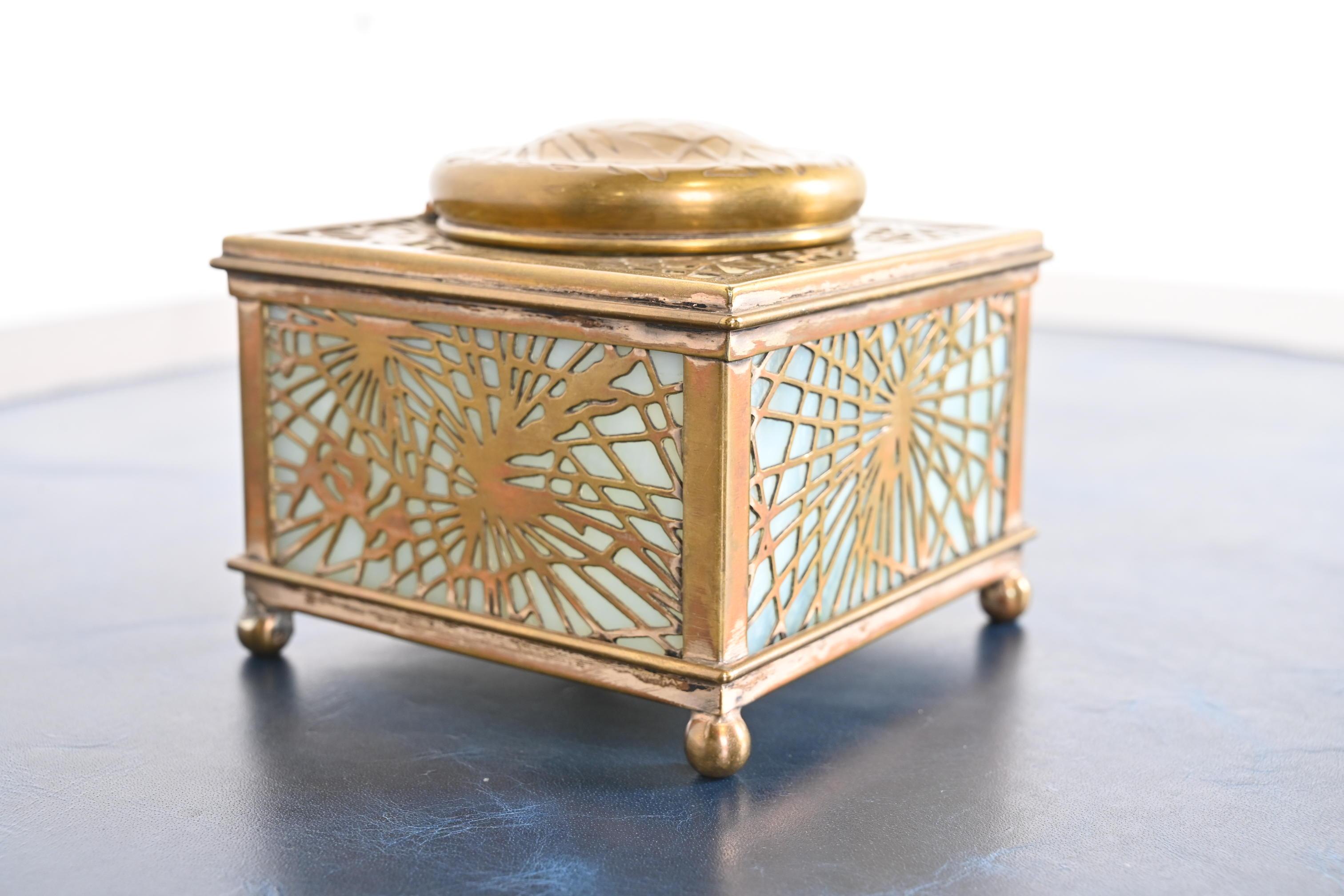 A gorgeous Arts & Crafts or Art Deco period gilt bronze and slag glass 