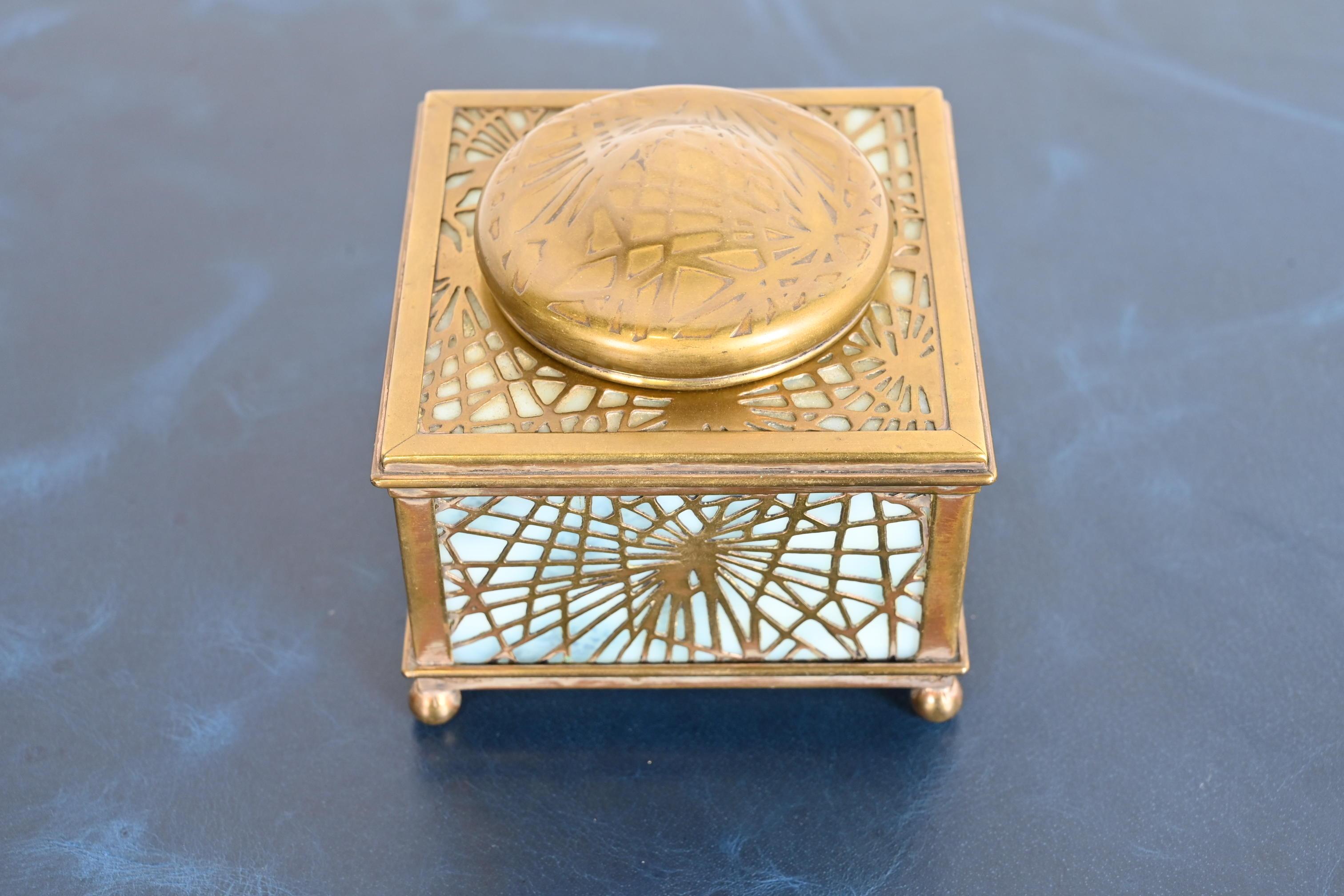 Arts and Crafts Tiffany Studios New York Pine Needle Bronze Doré and Slag Glass Inkwell