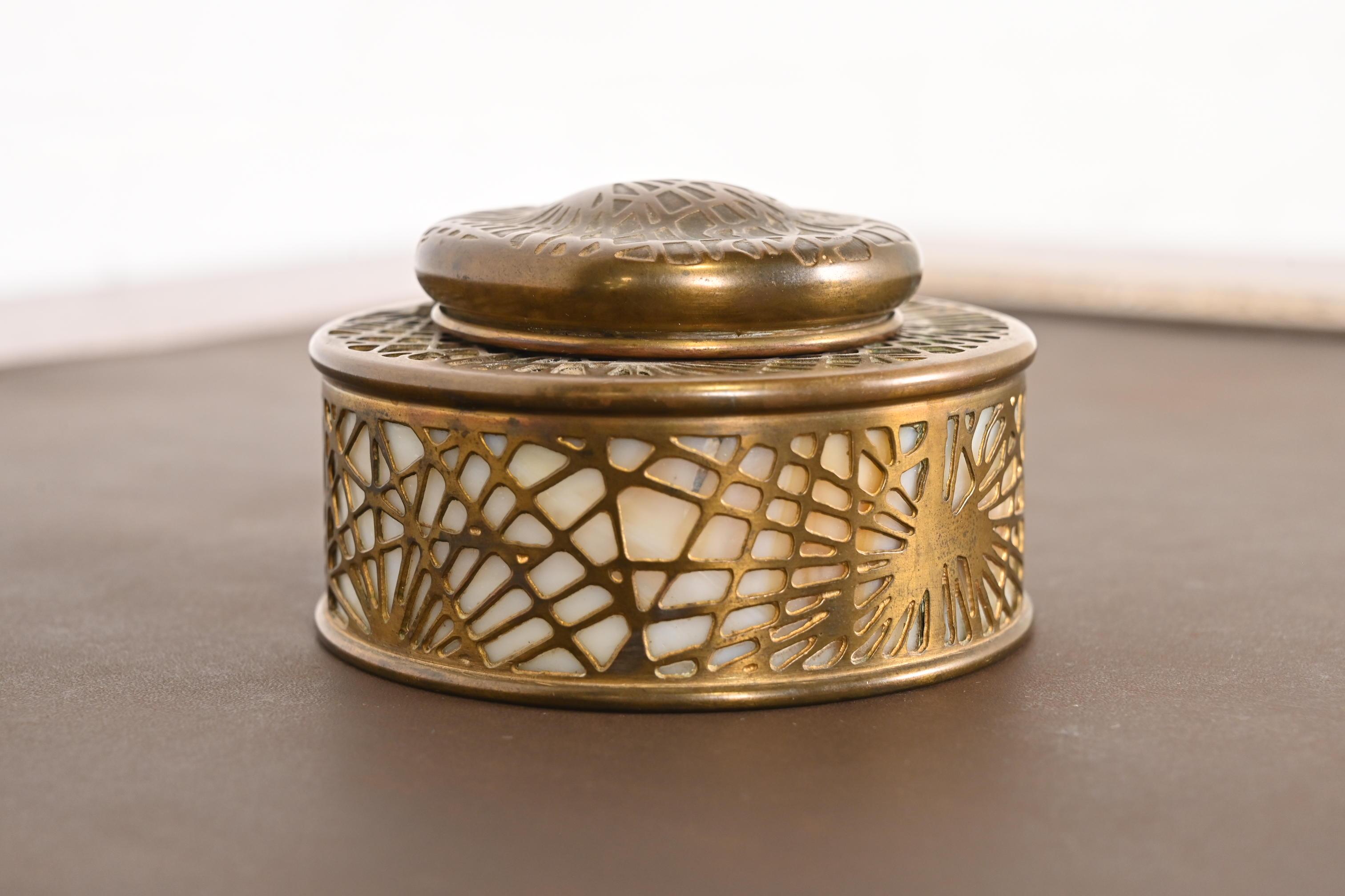 Arts and Crafts Tiffany Studios New York Pine Needle Bronze Doré and Slag Glass Inkwell For Sale