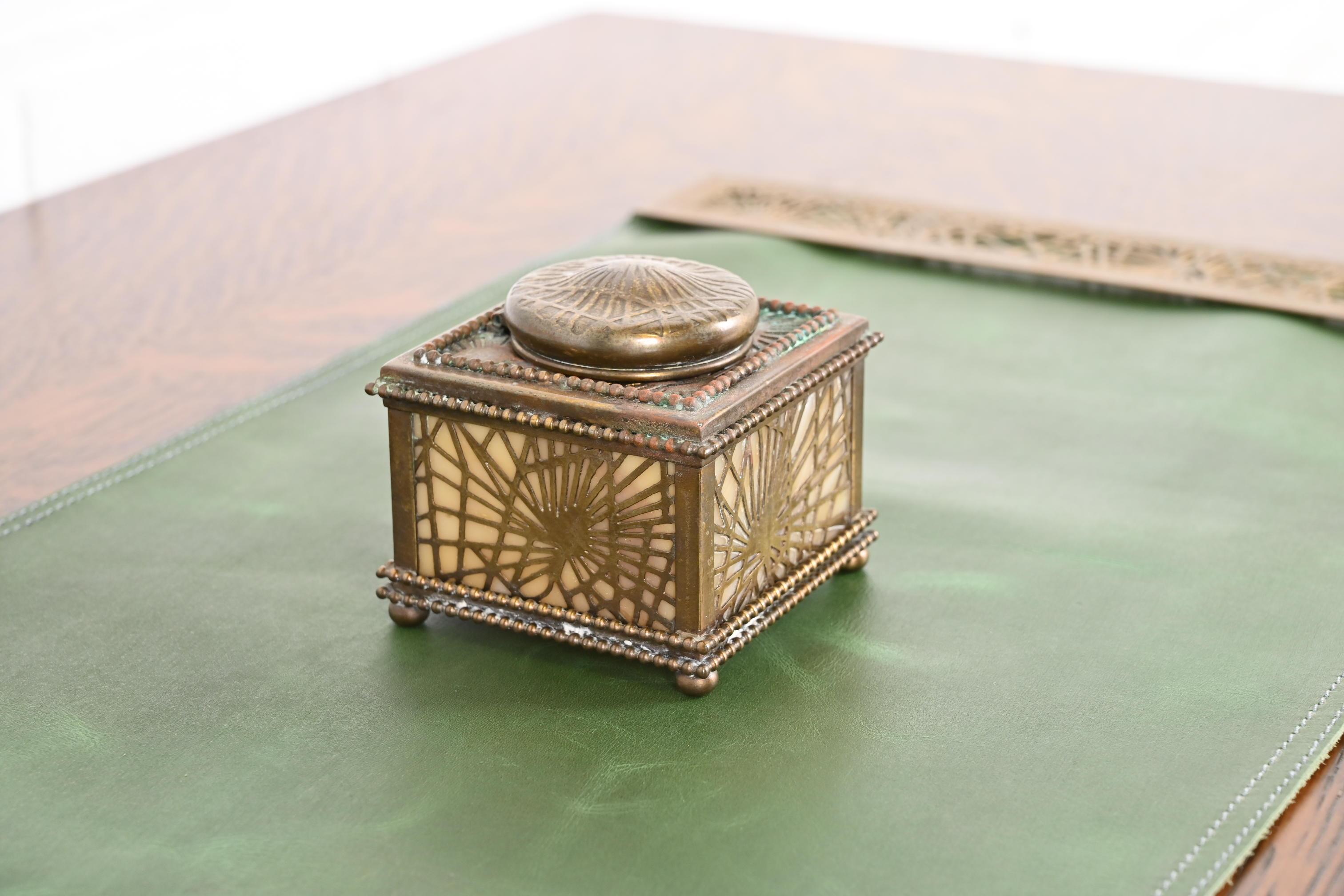 Arts and Crafts Tiffany Studios New York Pine Needle Bronze Doré and Slag Glass Inkwell For Sale