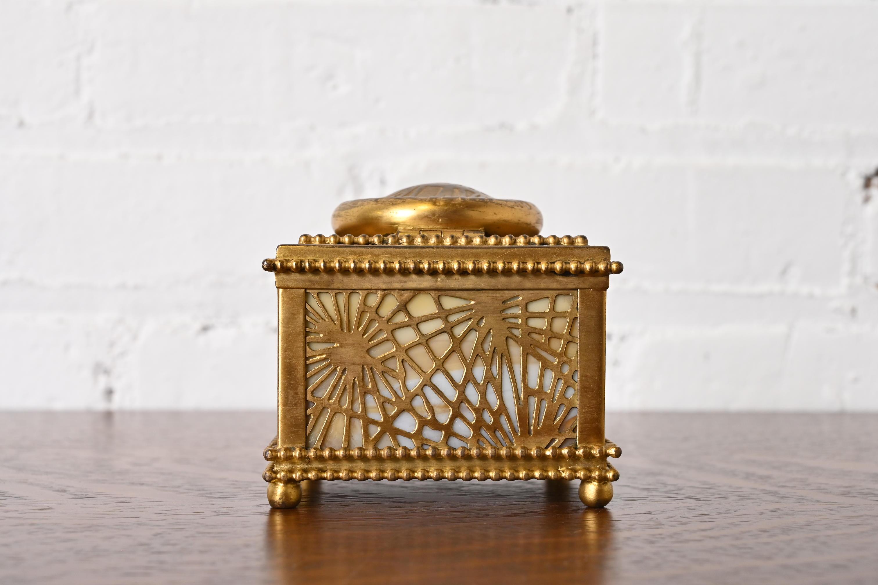Arts and Crafts Tiffany Studios New York Pine Needle Bronze Doré and Slag Glass Inkwell