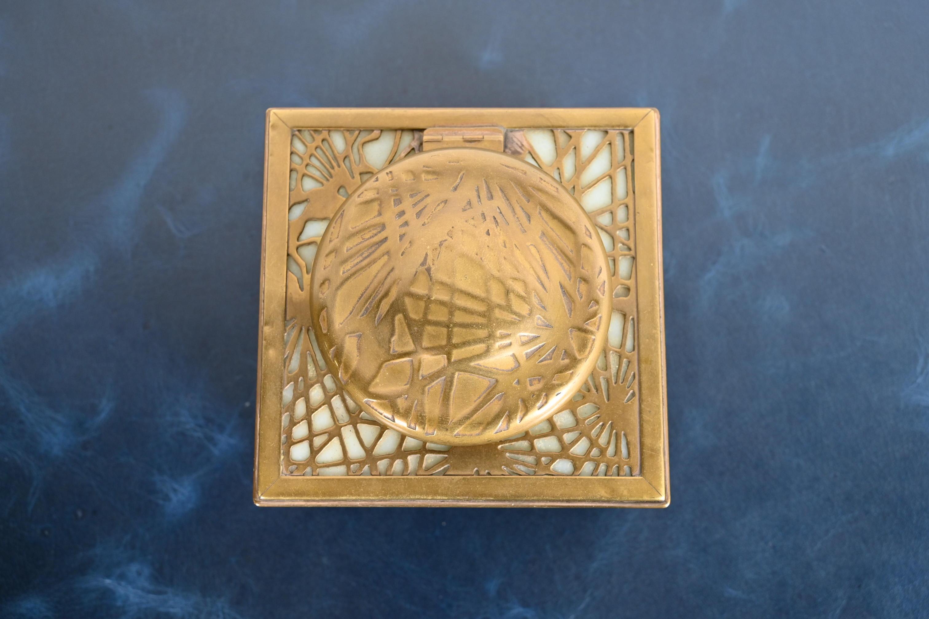 American Tiffany Studios New York Pine Needle Bronze Doré and Slag Glass Inkwell
