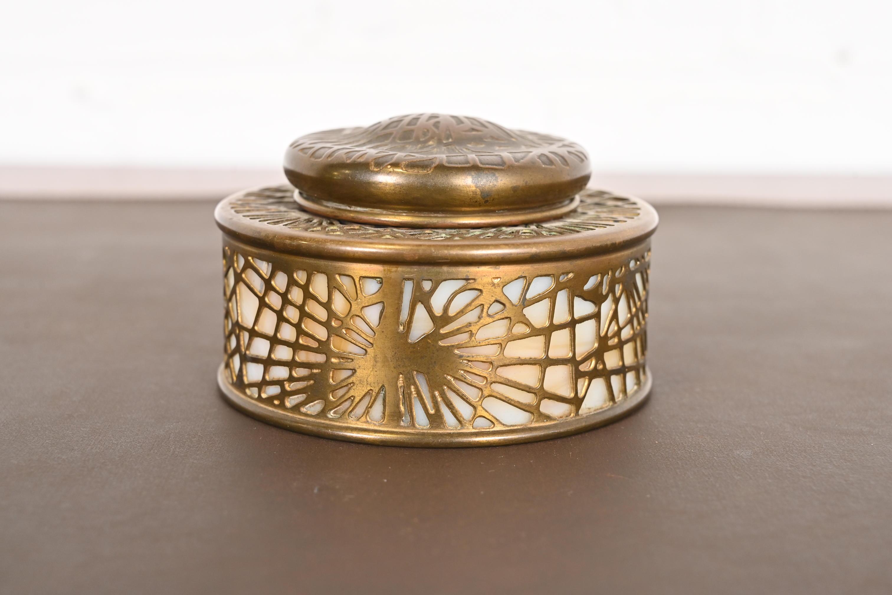 American Tiffany Studios New York Pine Needle Bronze Doré and Slag Glass Inkwell For Sale
