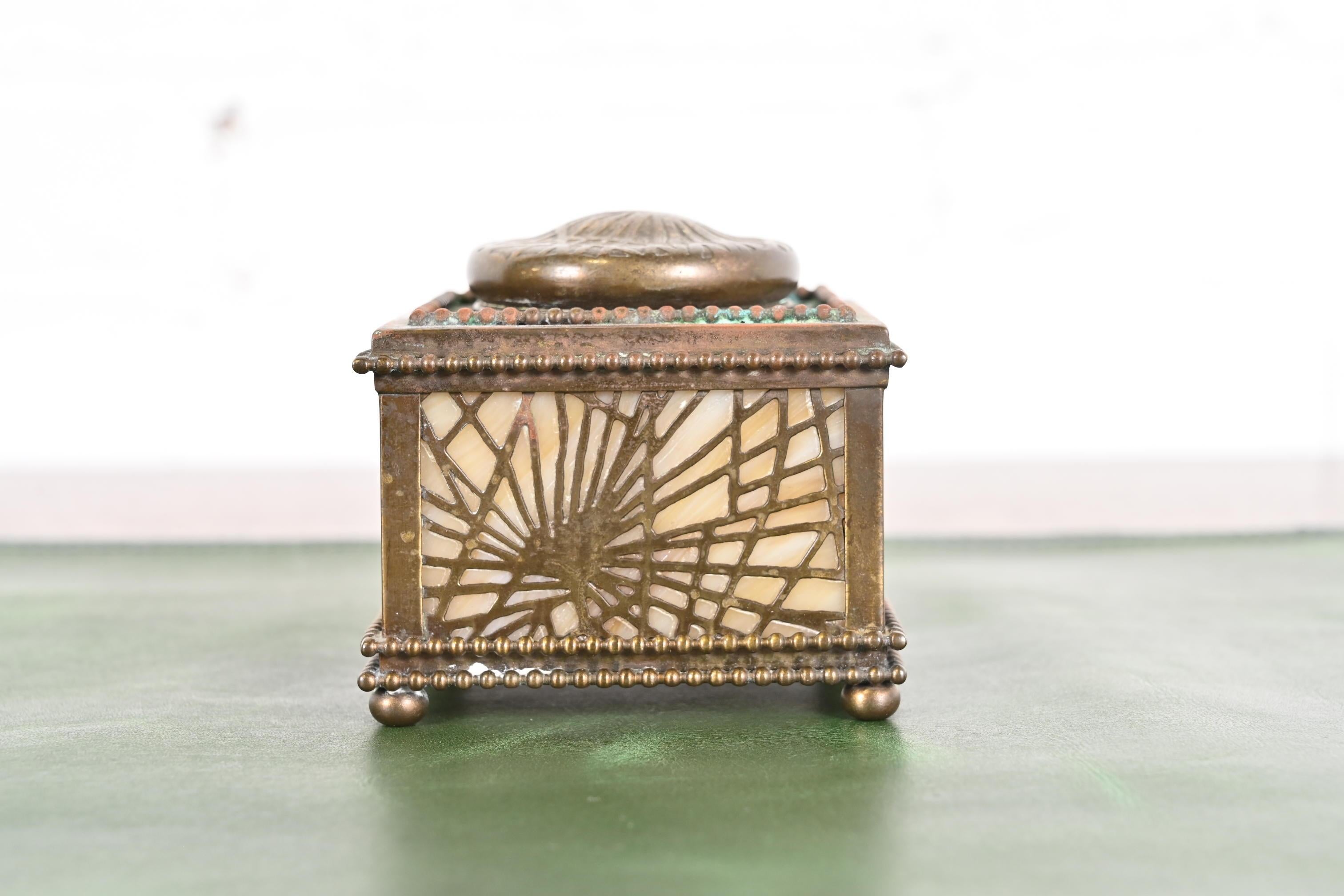American Tiffany Studios New York Pine Needle Bronze Doré and Slag Glass Inkwell For Sale