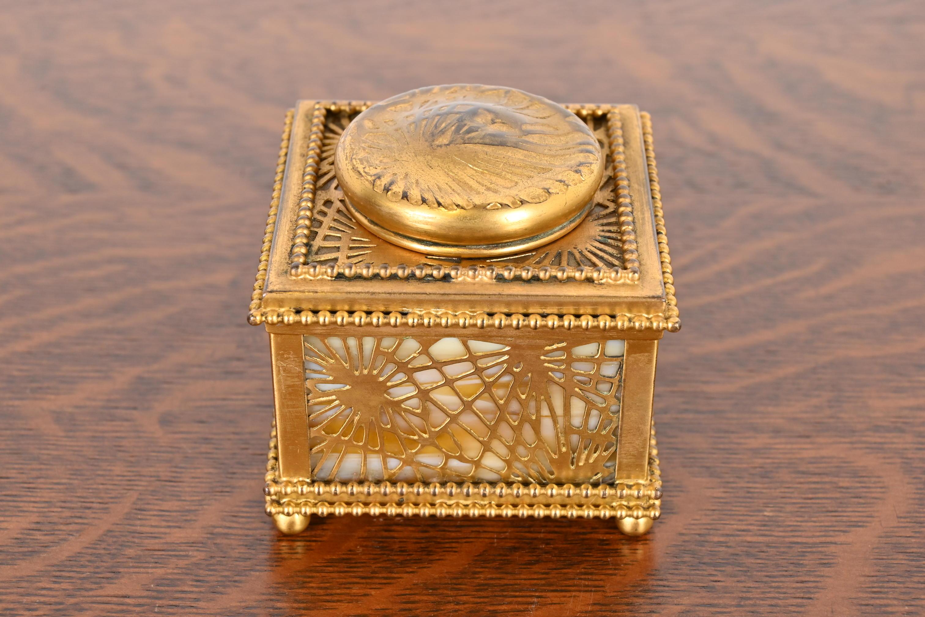 American Tiffany Studios New York Pine Needle Bronze Doré and Slag Glass Inkwell