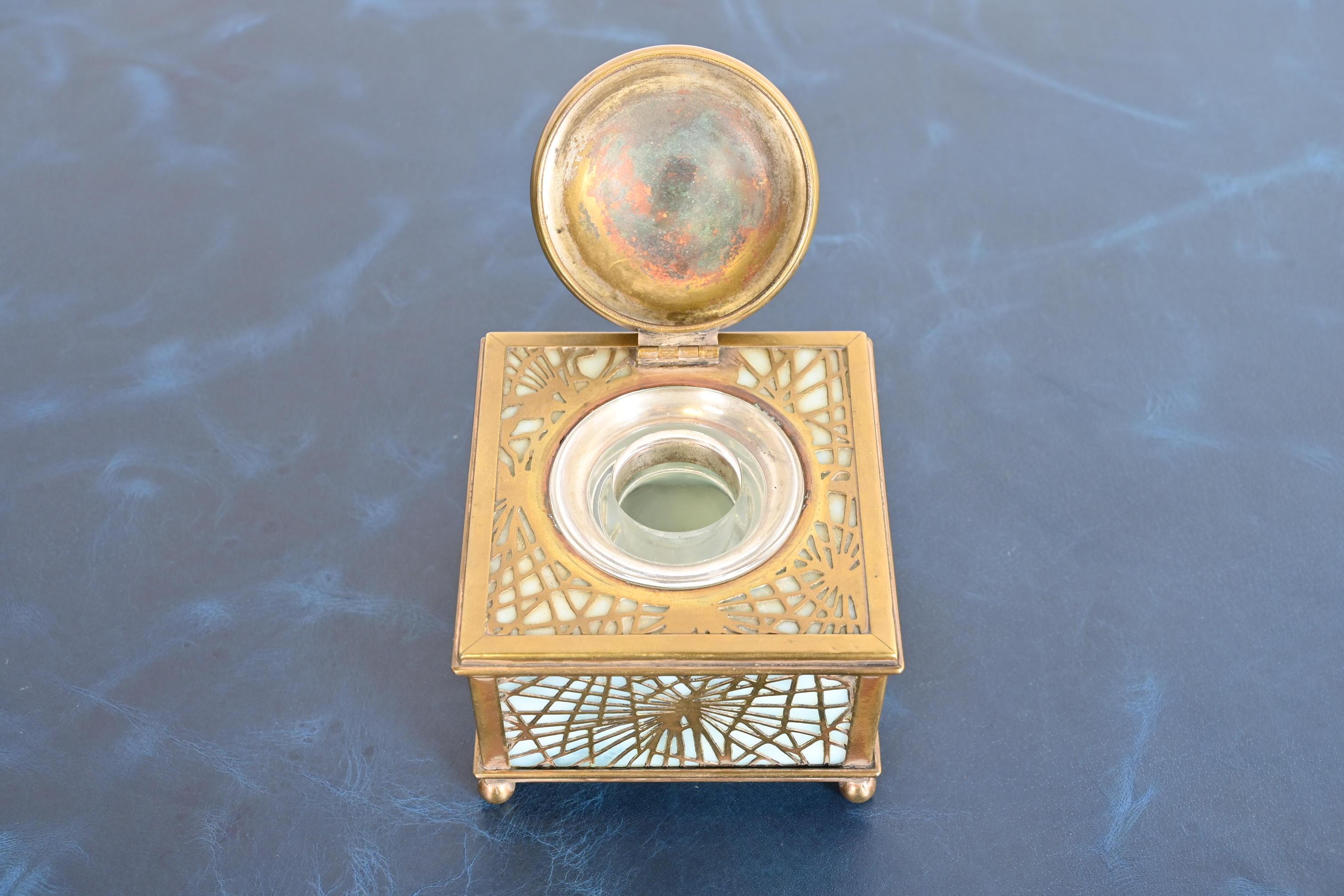 Tiffany Studios New York Pine Needle Bronze Doré and Slag Glass Inkwell In Good Condition In South Bend, IN