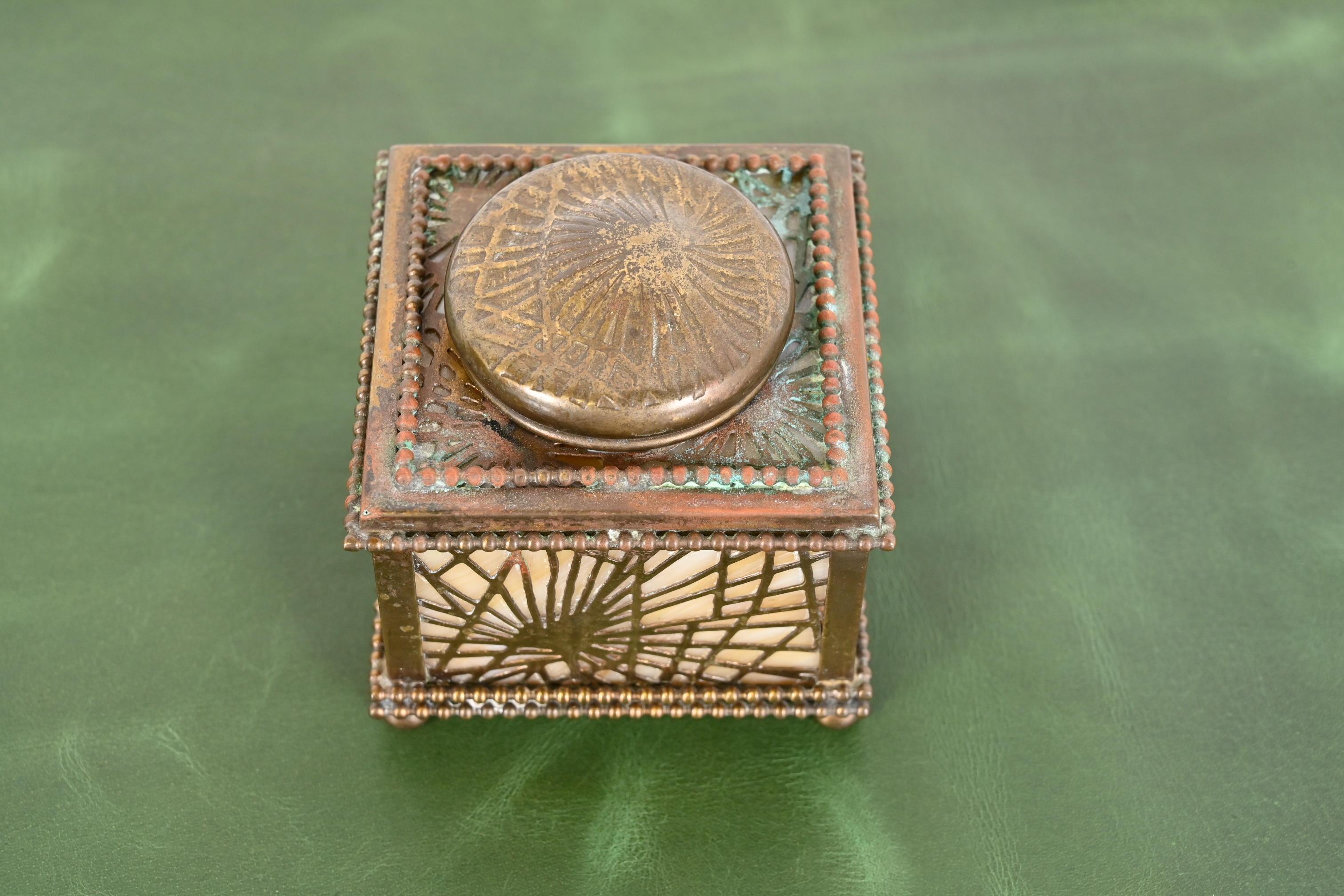 Tiffany Studios New York Pine Needle Bronze Doré and Slag Glass Inkwell In Good Condition For Sale In South Bend, IN