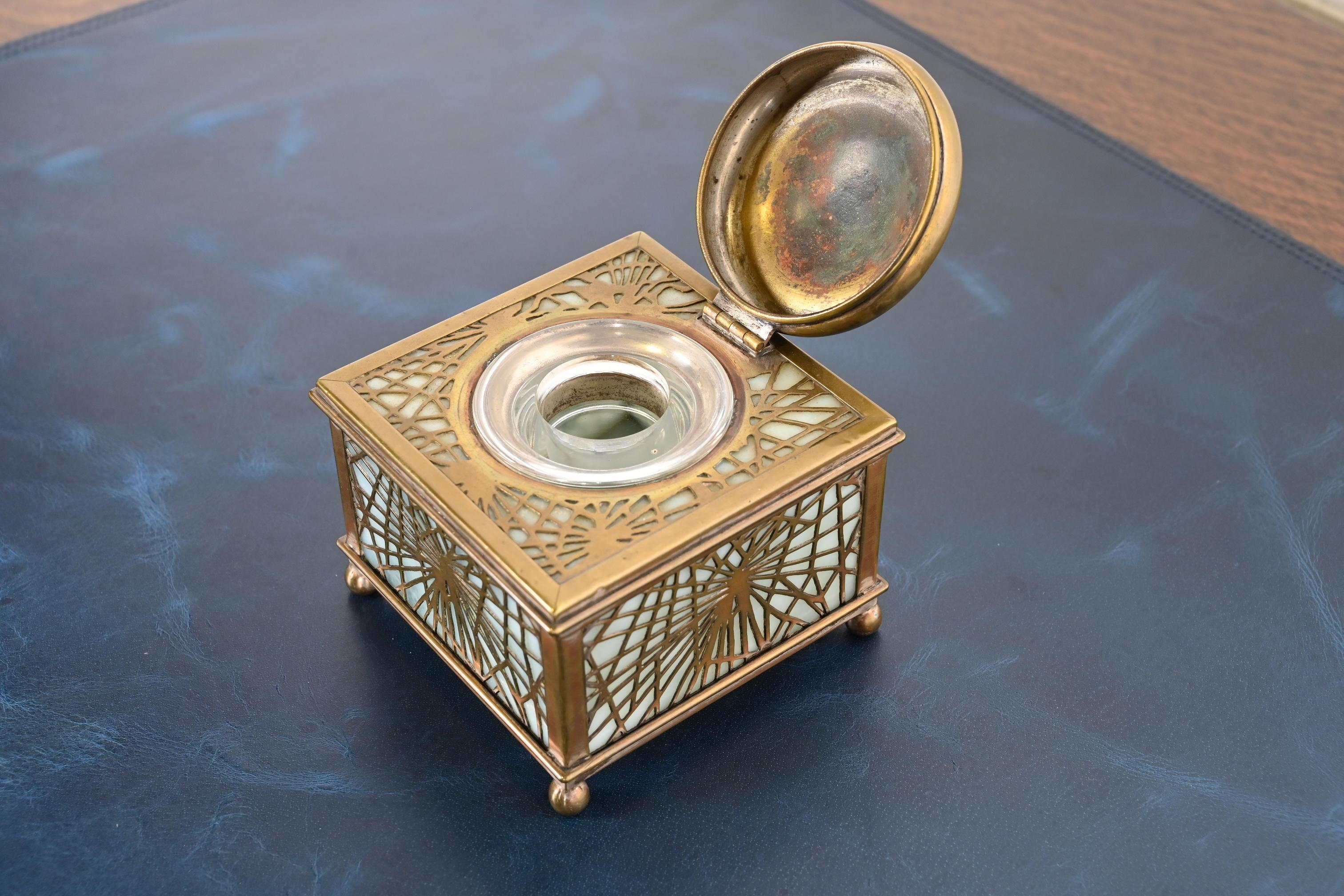 20th Century Tiffany Studios New York Pine Needle Bronze Doré and Slag Glass Inkwell