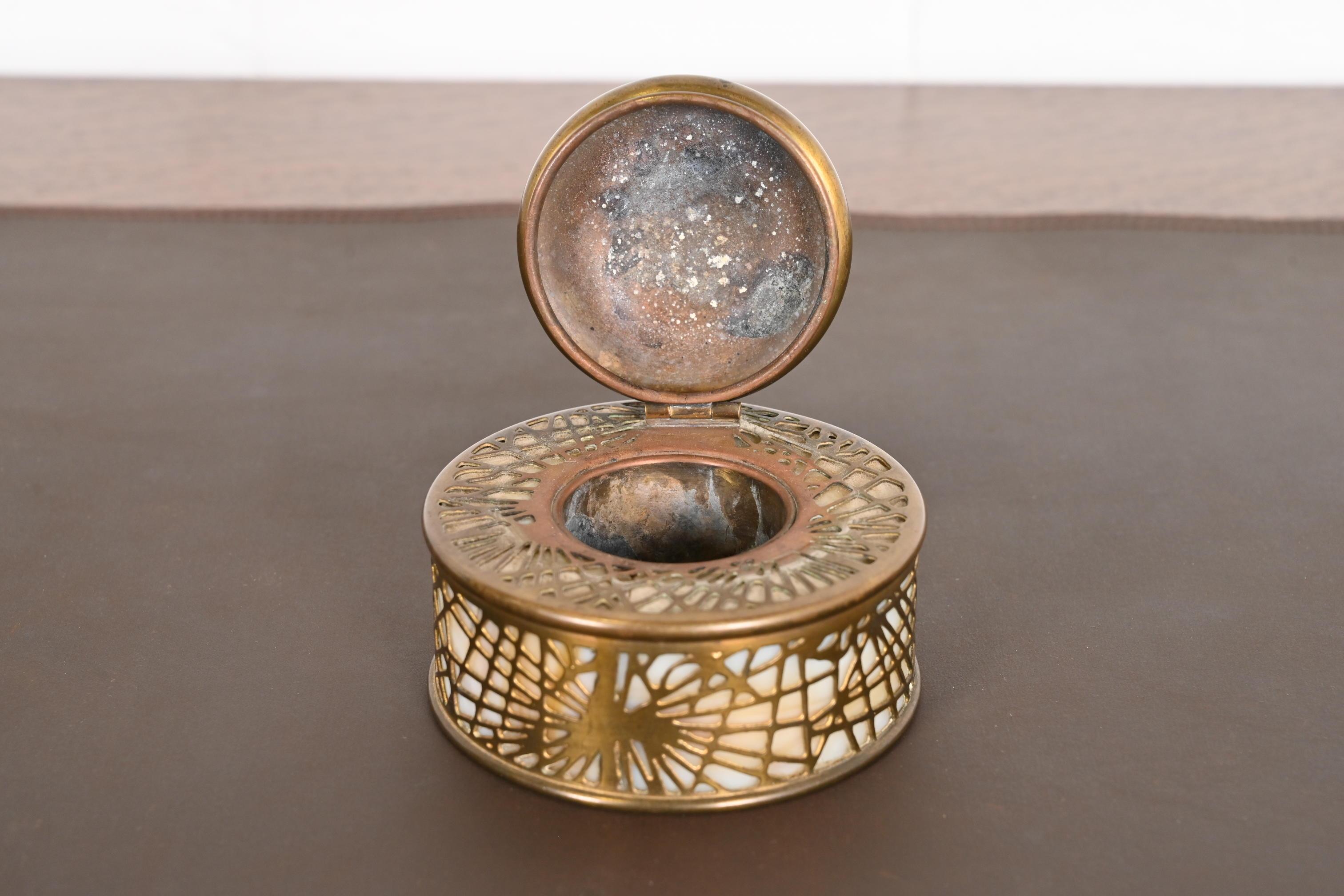 20th Century Tiffany Studios New York Pine Needle Bronze Doré and Slag Glass Inkwell For Sale