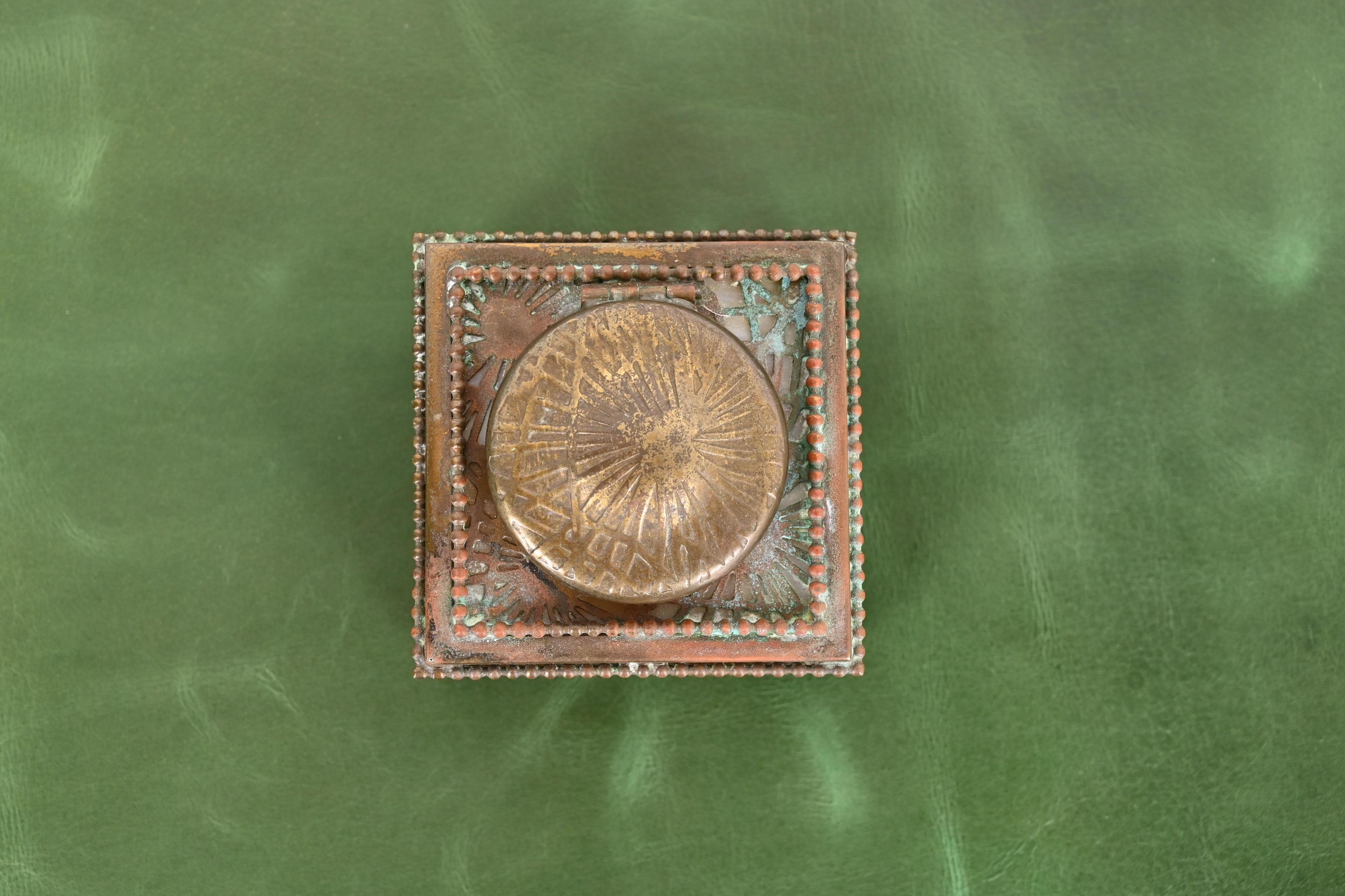 20th Century Tiffany Studios New York Pine Needle Bronze Doré and Slag Glass Inkwell For Sale