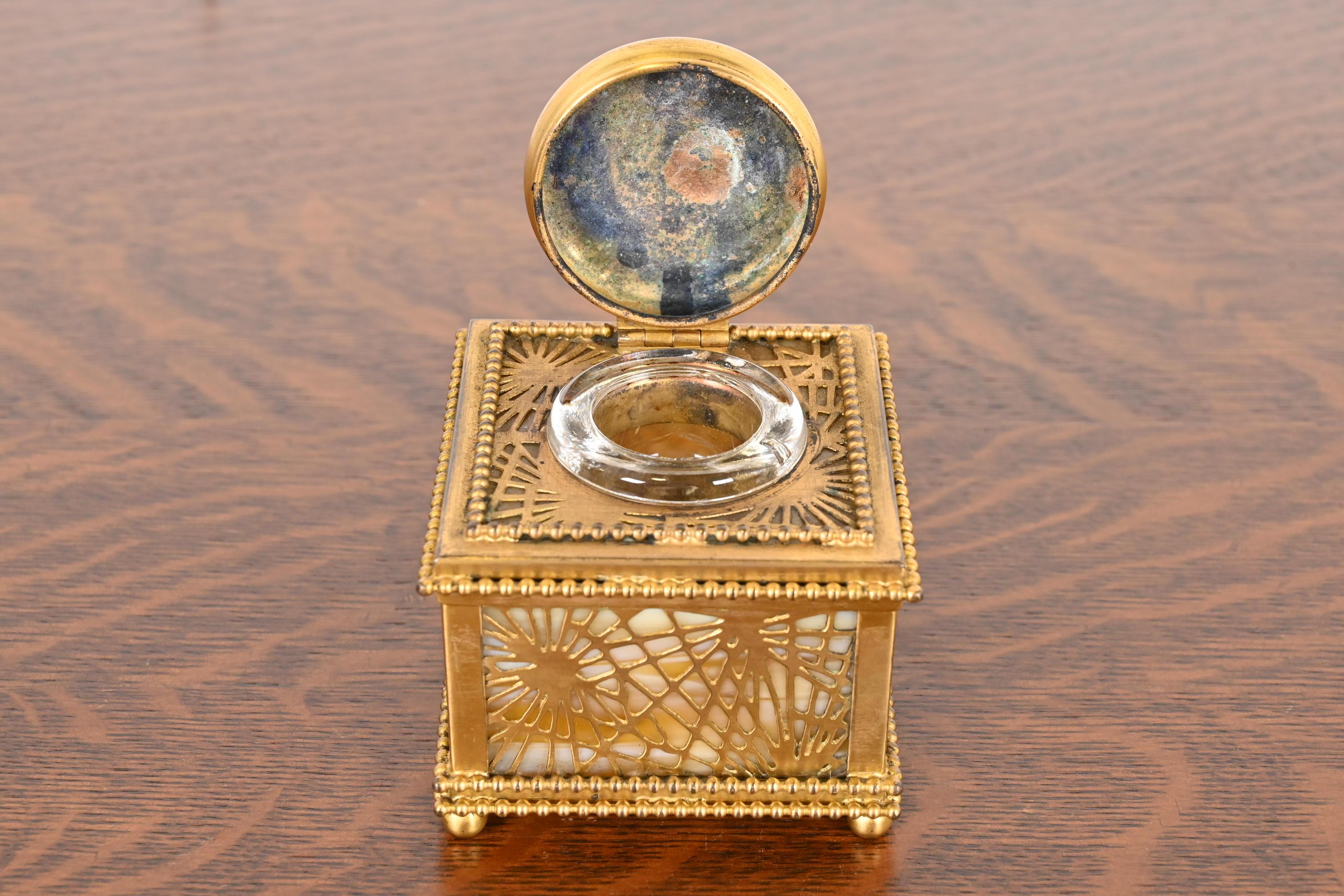 20th Century Tiffany Studios New York Pine Needle Bronze Doré and Slag Glass Inkwell