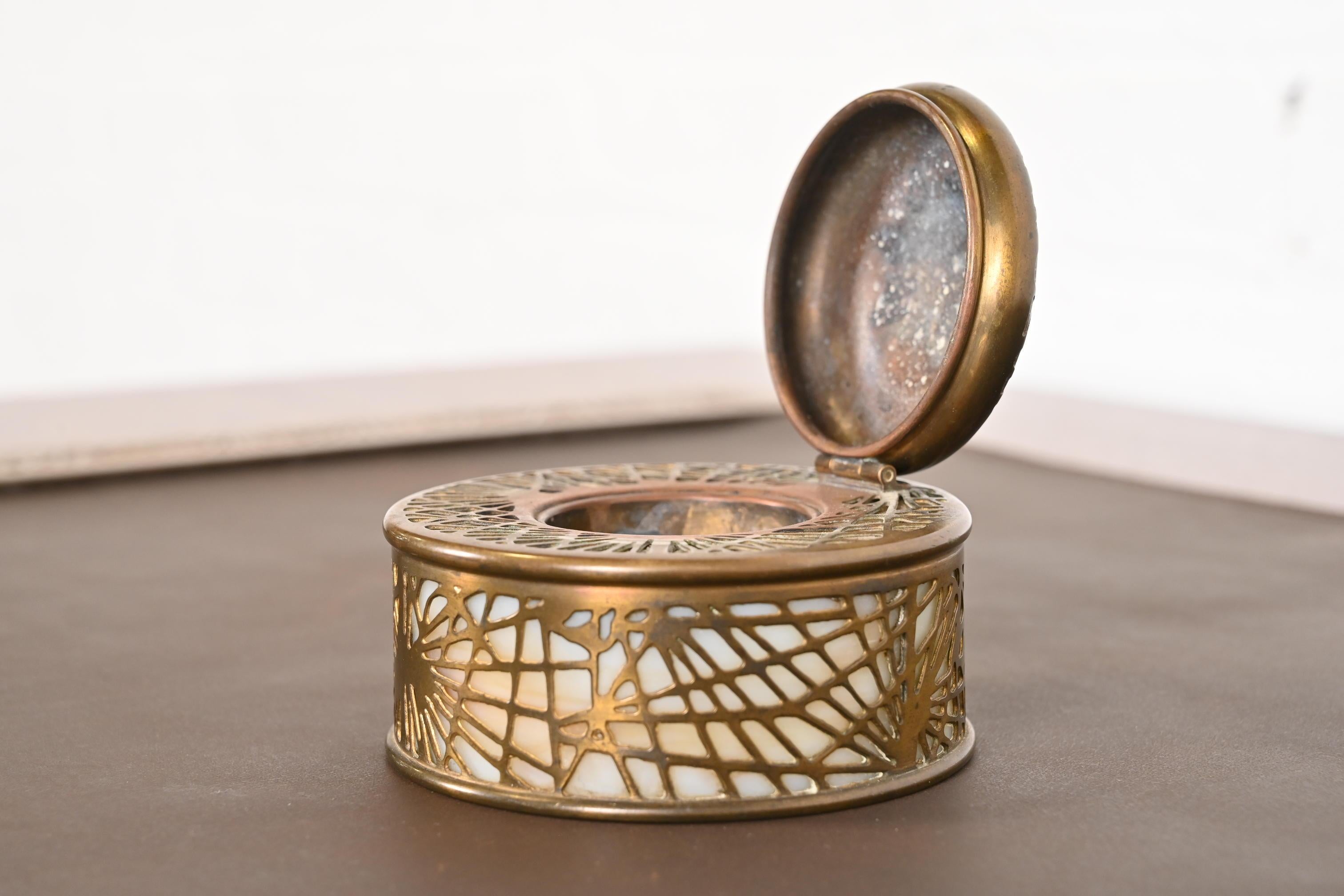 Tiffany Studios New York Pine Needle Bronze Doré and Slag Glass Inkwell For Sale 1