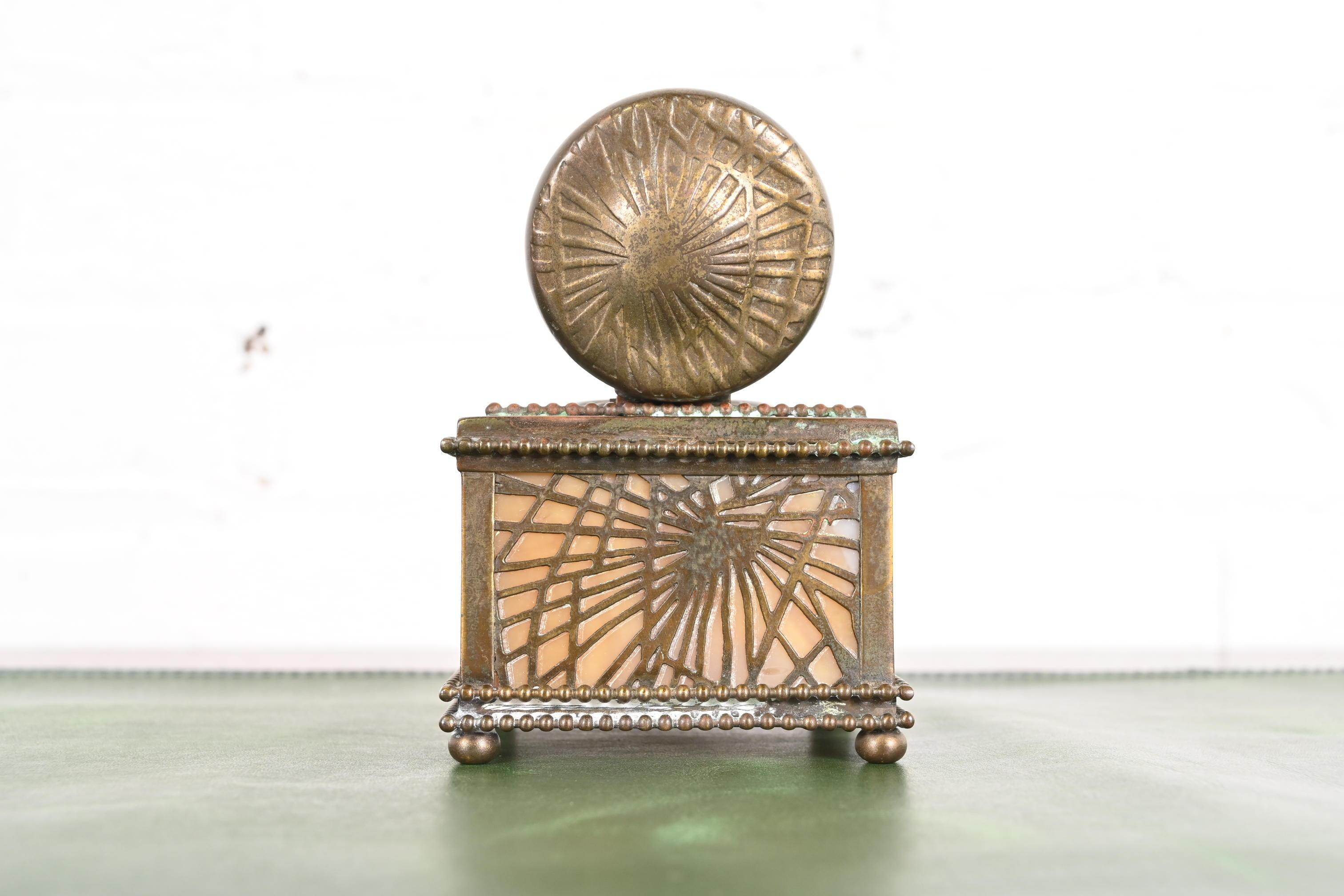 Tiffany Studios New York Pine Needle Bronze Doré and Slag Glass Inkwell For Sale 1