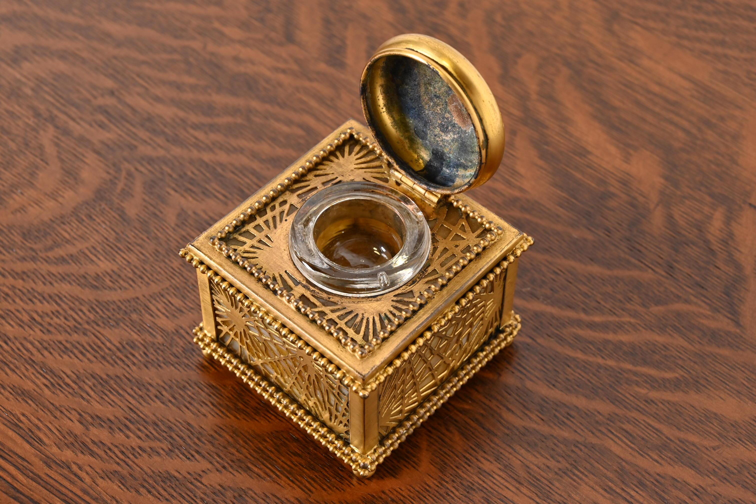 Tiffany Studios New York Pine Needle Bronze Doré and Slag Glass Inkwell 1