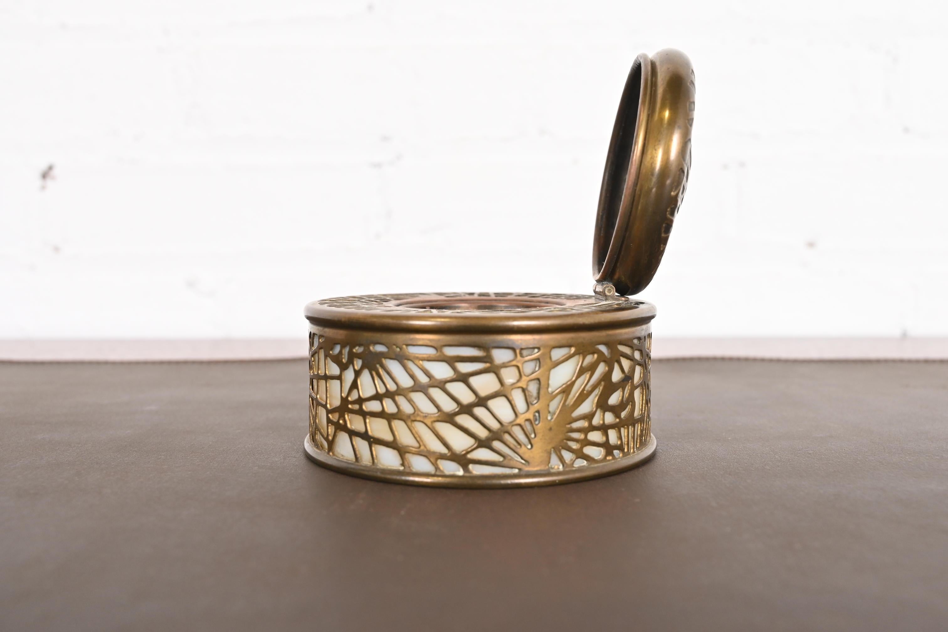 Tiffany Studios New York Pine Needle Bronze Doré and Slag Glass Inkwell For Sale 2