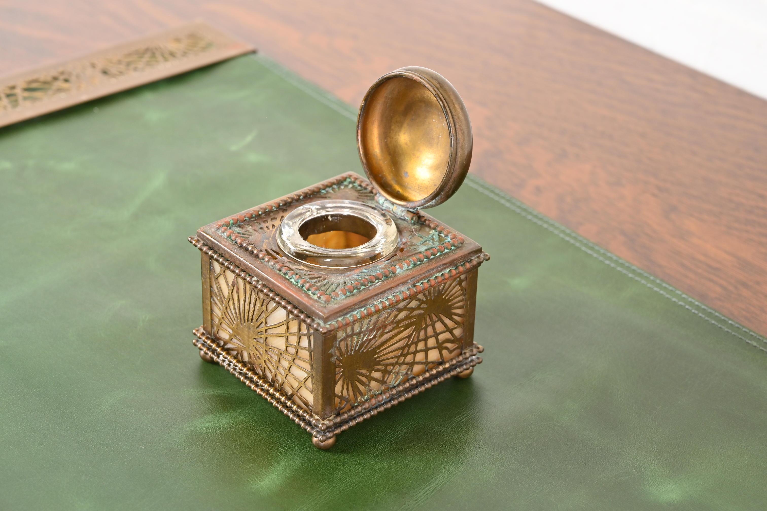 Tiffany Studios New York Pine Needle Bronze Doré and Slag Glass Inkwell For Sale 2