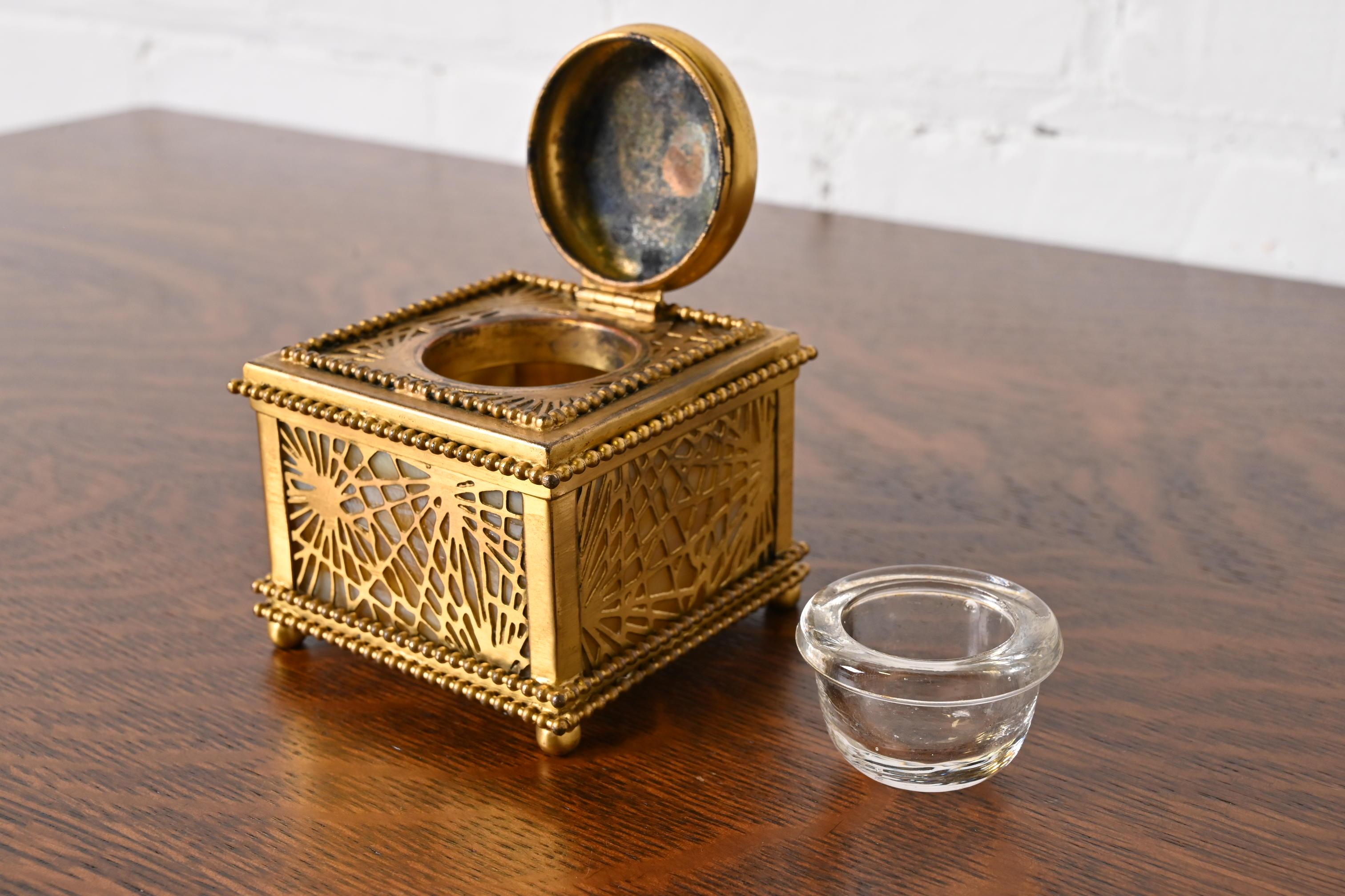 Tiffany Studios New York Pine Needle Bronze Doré and Slag Glass Inkwell 2