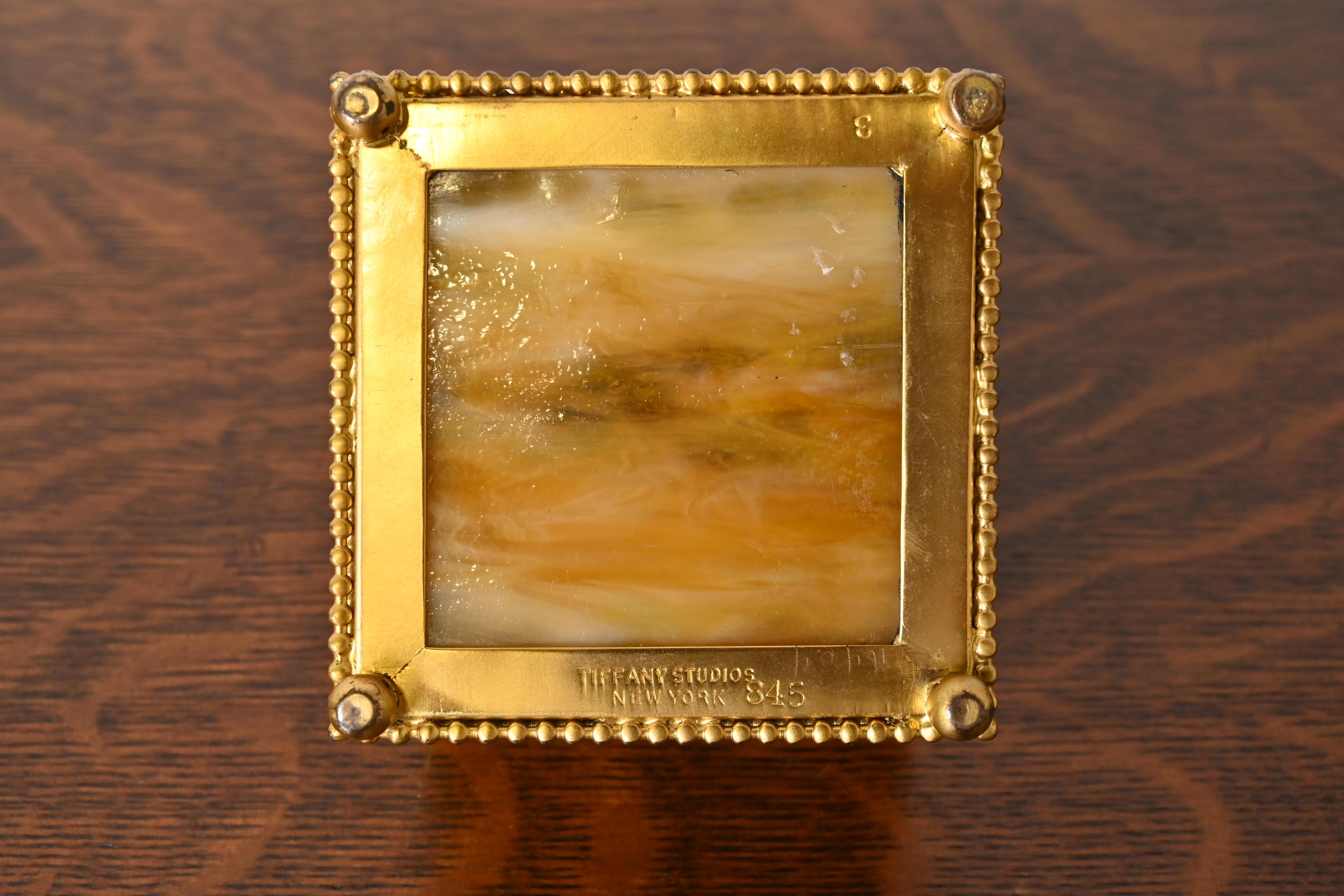 Tiffany Studios New York Pine Needle Bronze Doré and Slag Glass Inkwell 3