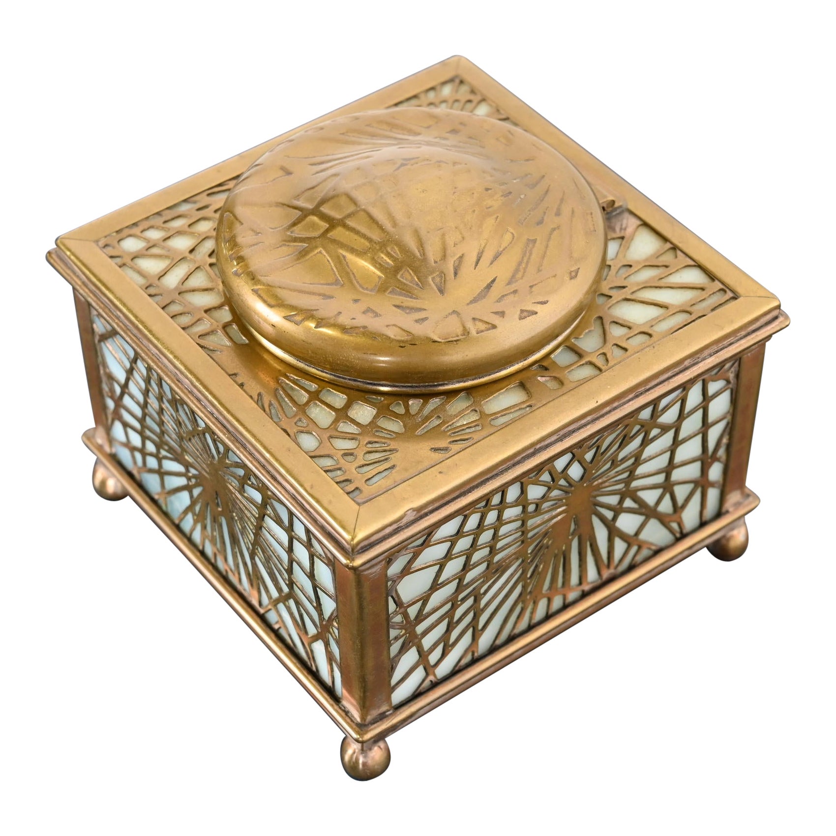 Tiffany Studios New York Pine Needle Bronze Doré and Slag Glass Inkwell