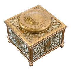 Tiffany Studios New York Pine Needle Bronze Doré and Slag Glass Inkwell