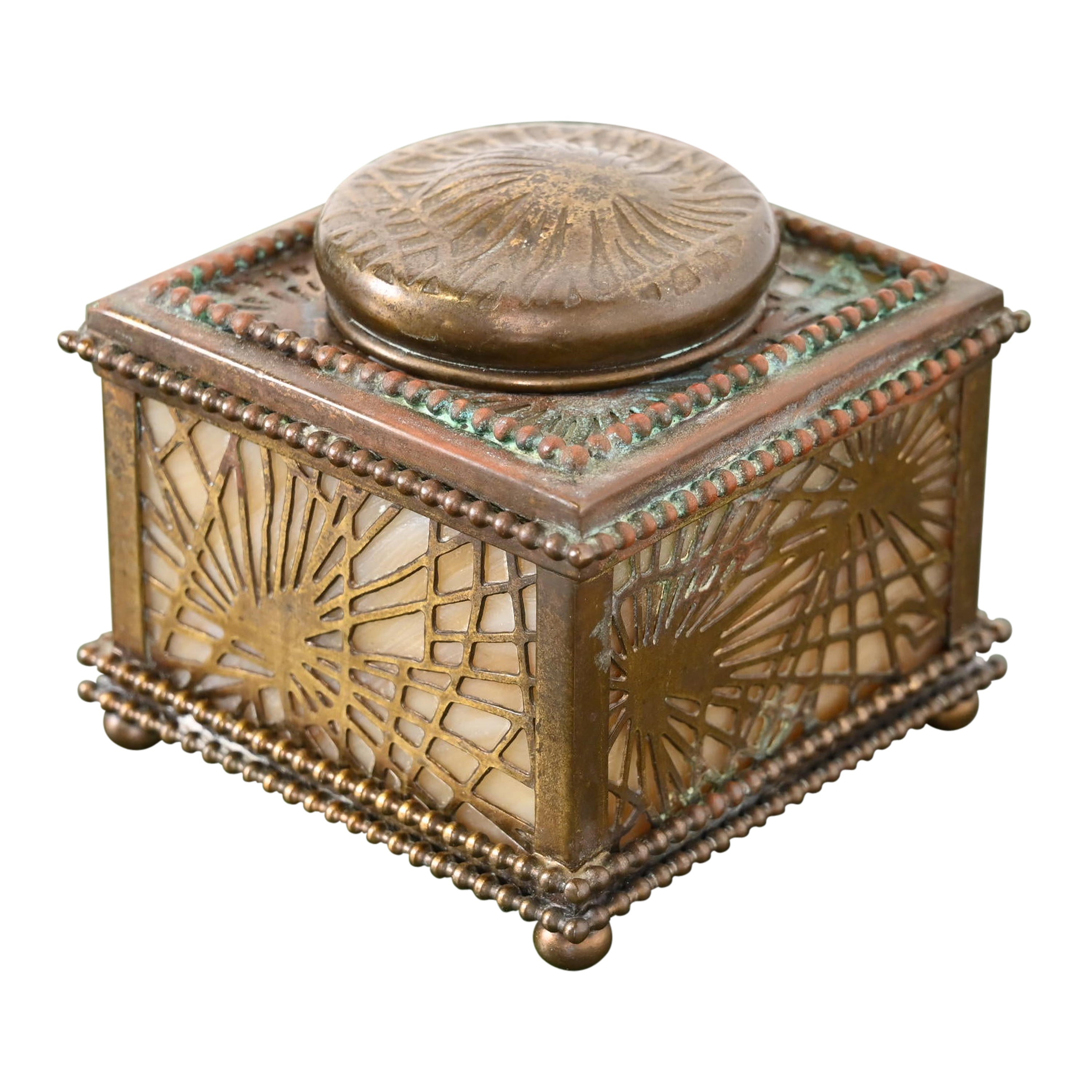 Tiffany Studios New York Pine Needle Bronze Doré and Slag Glass Inkwell