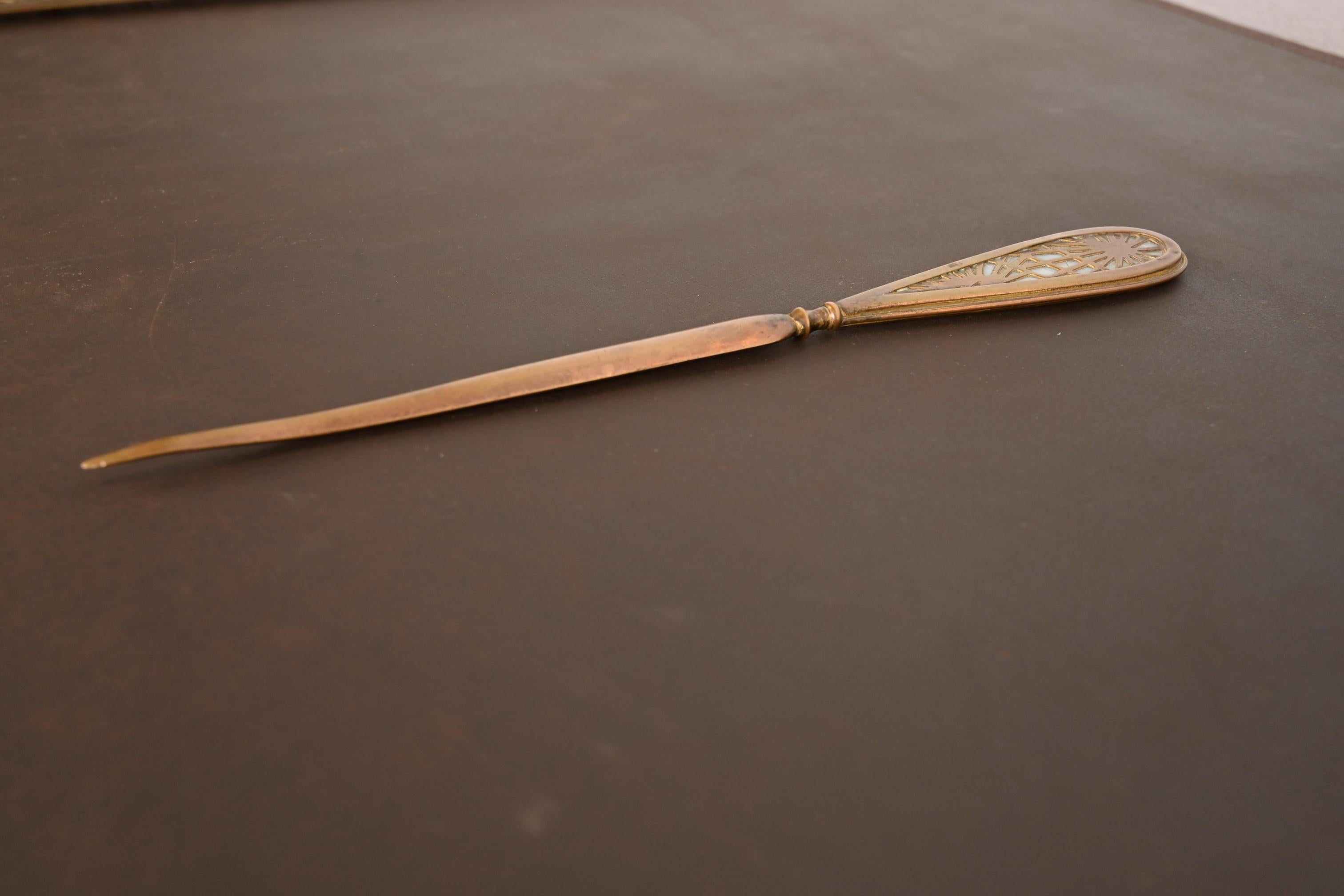 American Tiffany Studios New York Pine Needle Bronze Doré and Slag Glass Letter Opener