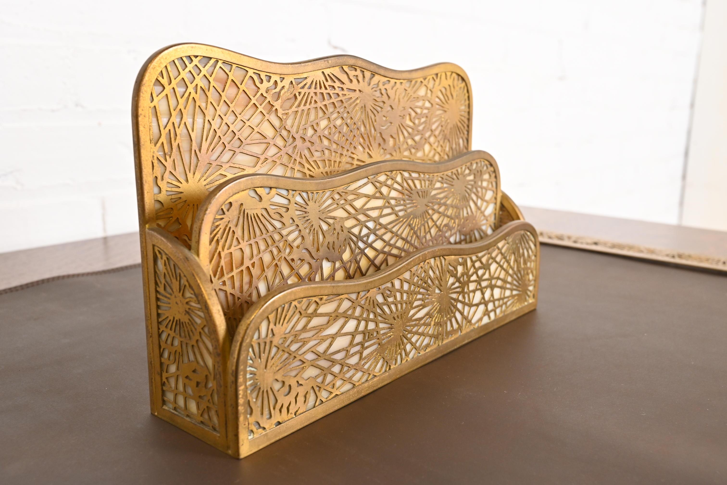 Arts and Crafts Tiffany Studios New York Pine Needle Bronze Doré and Slag Glass Letter Rack