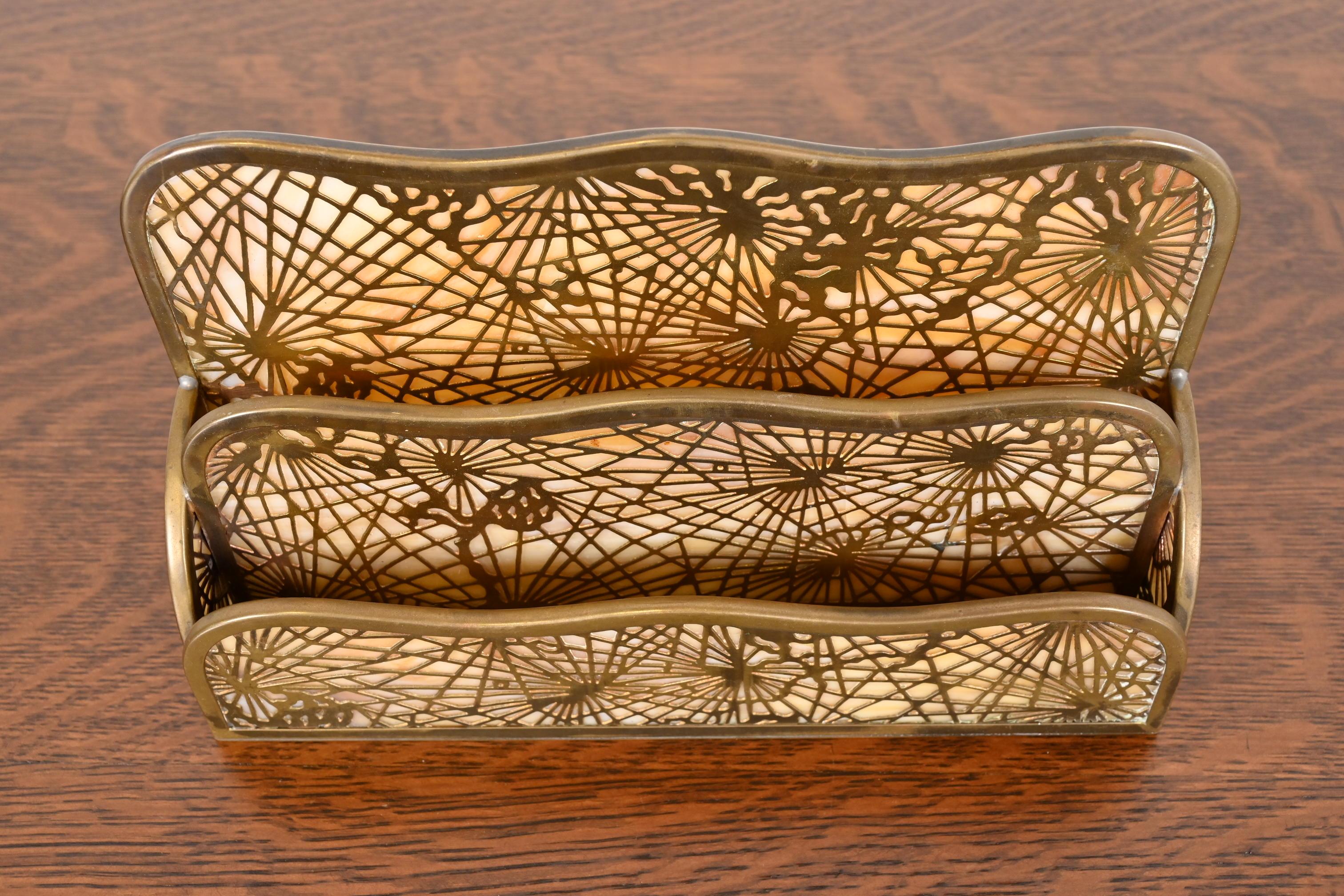 Arts and Crafts Tiffany Studios New York Pine Needle Bronze Doré and Slag Glass Letter Rack