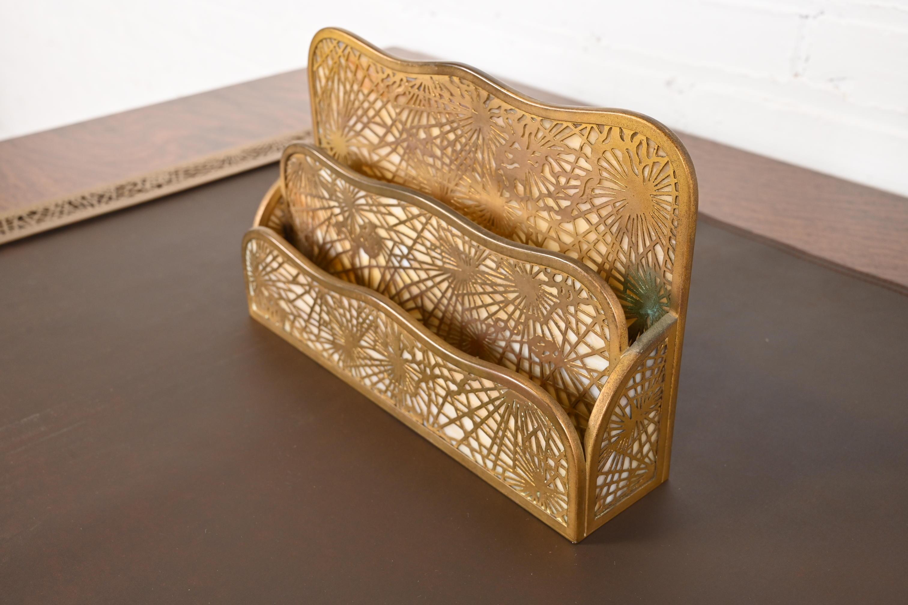 American Tiffany Studios New York Pine Needle Bronze Doré and Slag Glass Letter Rack