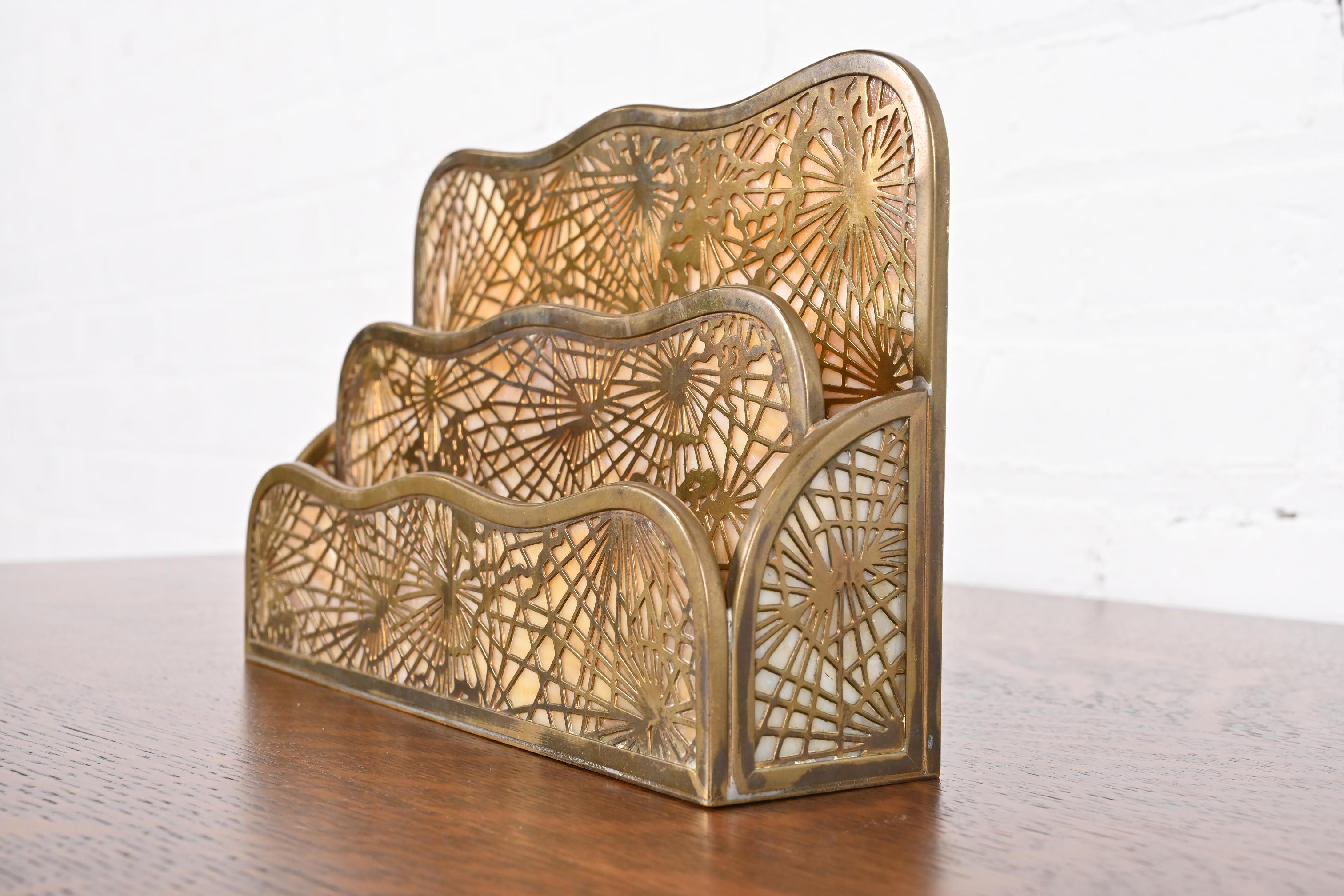 American Tiffany Studios New York Pine Needle Bronze Doré and Slag Glass Letter Rack