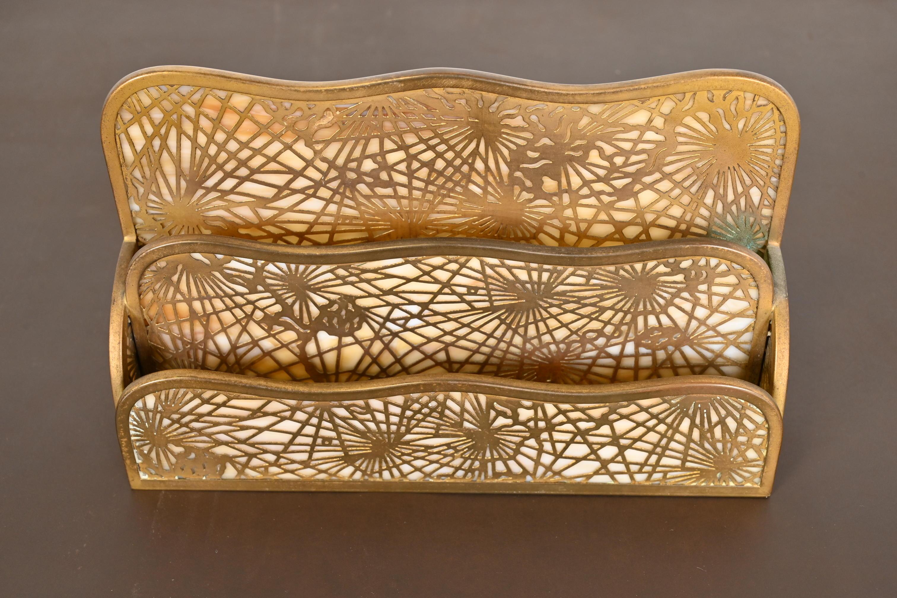 Tiffany Studios New York Pine Needle Bronze Doré and Slag Glass Letter Rack In Good Condition In South Bend, IN
