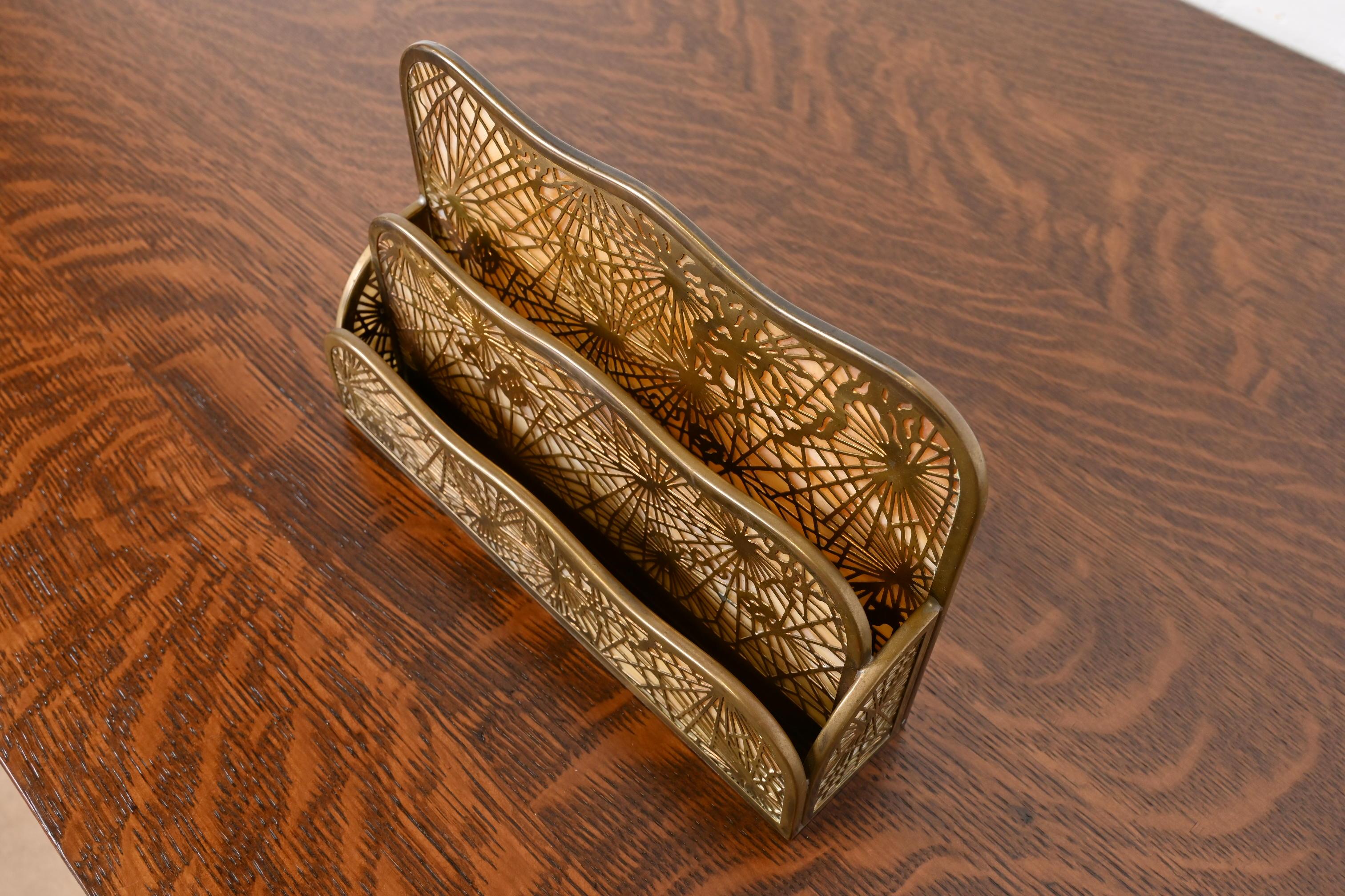 Tiffany Studios New York Pine Needle Bronze Doré and Slag Glass Letter Rack In Good Condition In South Bend, IN