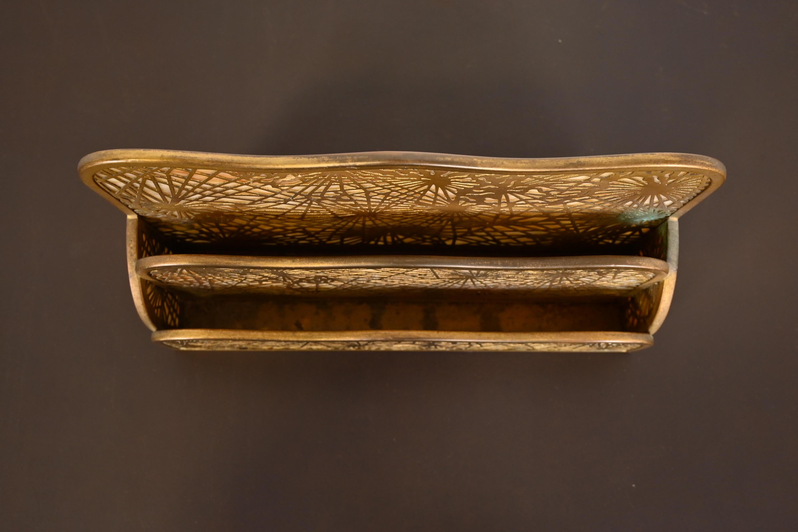 20th Century Tiffany Studios New York Pine Needle Bronze Doré and Slag Glass Letter Rack