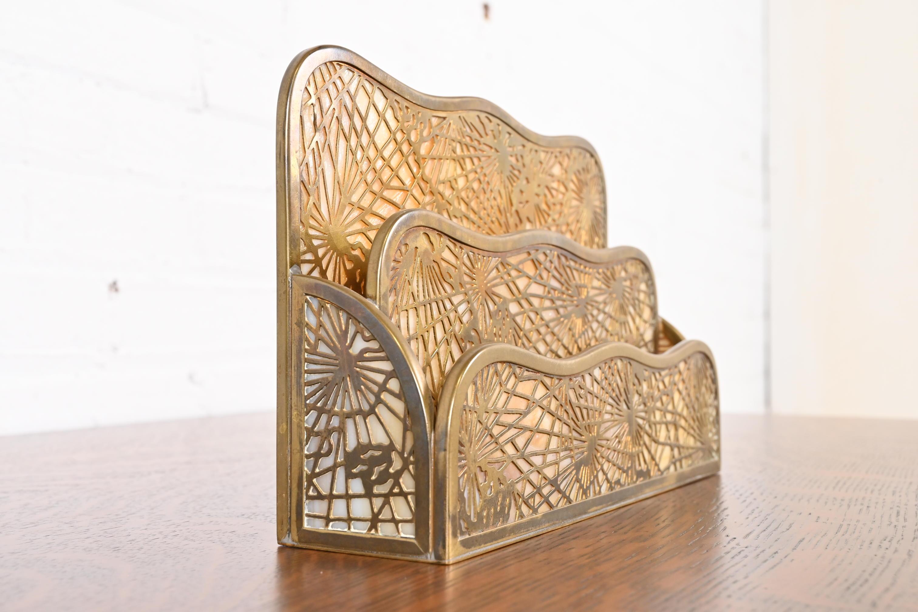 20th Century Tiffany Studios New York Pine Needle Bronze Doré and Slag Glass Letter Rack