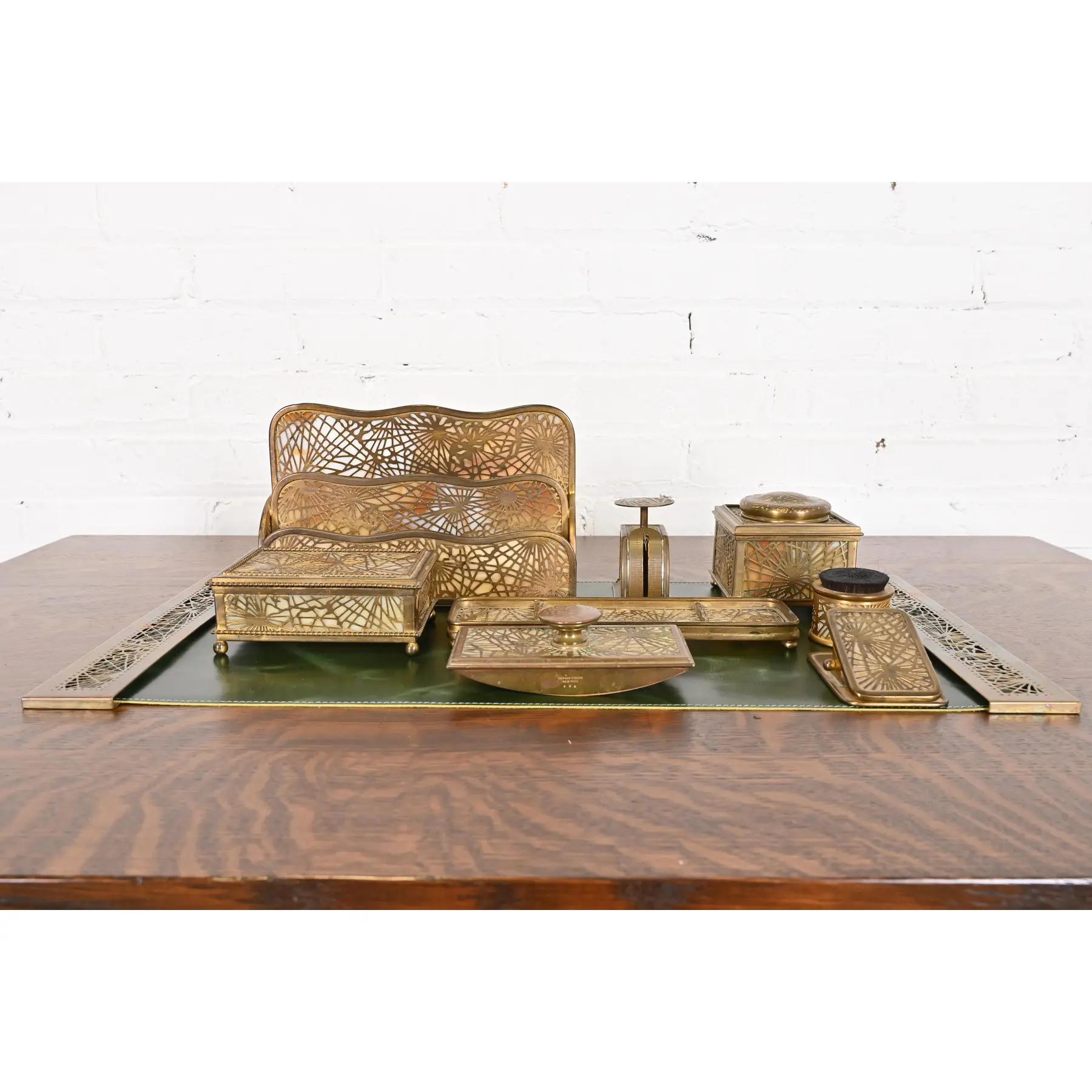 Arts and Crafts Tiffany Studios New York Pine Needle Bronze Doré and Slag Glass Nine-Piece Desk For Sale