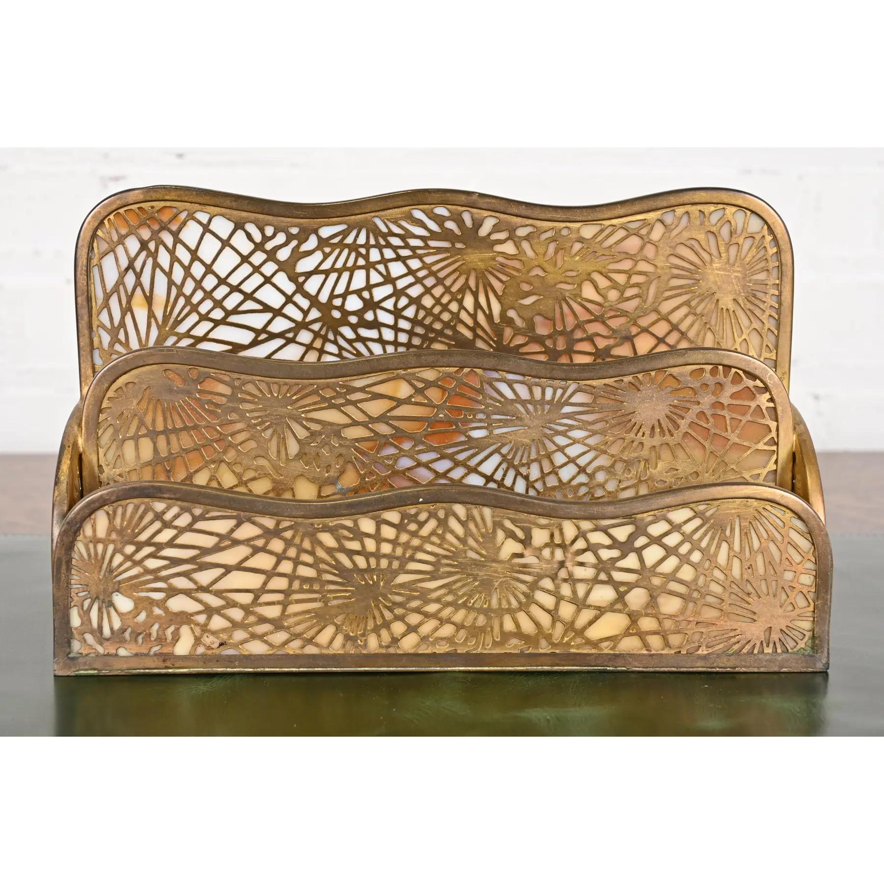 American Tiffany Studios New York Pine Needle Bronze Doré and Slag Glass Nine-Piece Desk For Sale