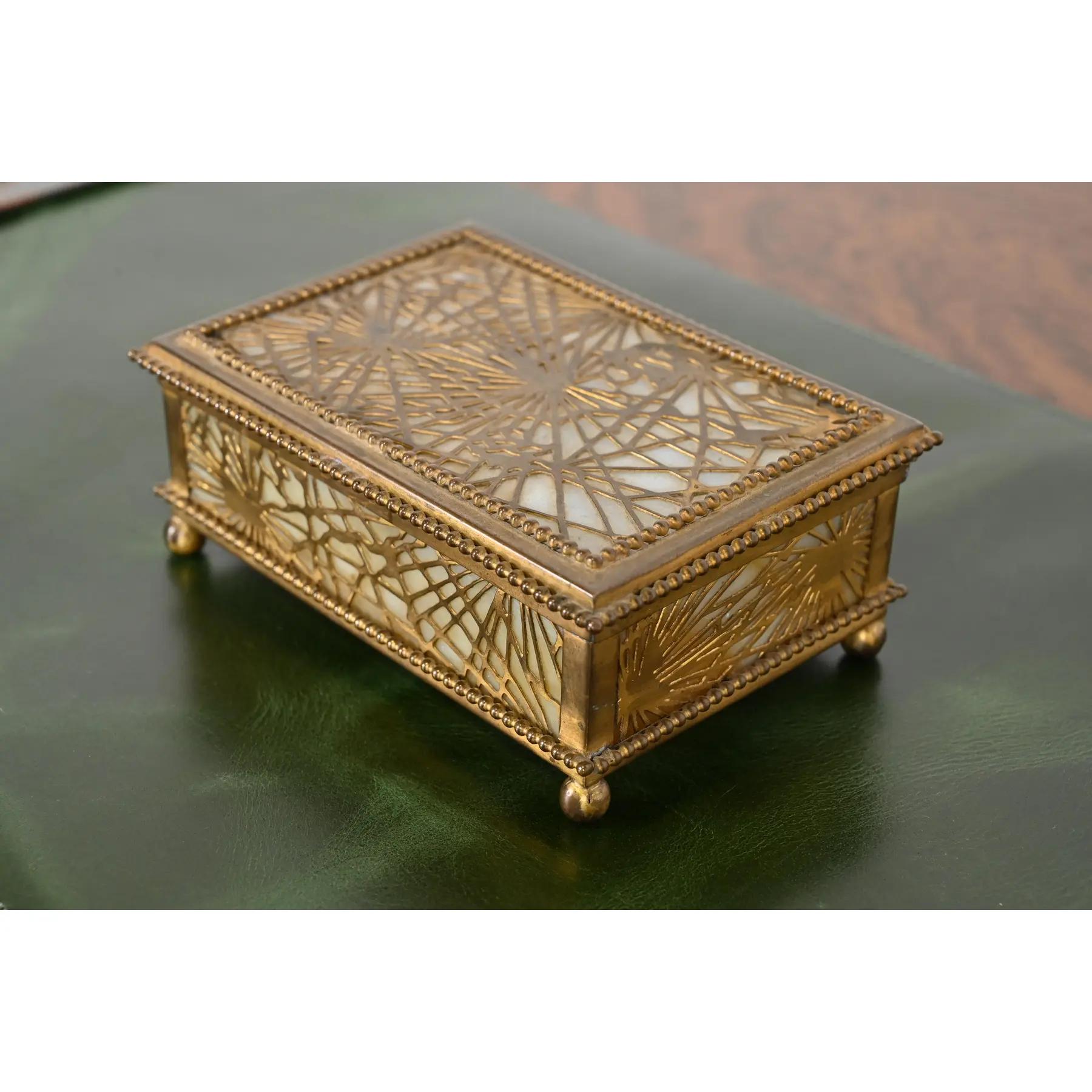 Early 20th Century Tiffany Studios New York Pine Needle Bronze Doré and Slag Glass Nine-Piece Desk For Sale