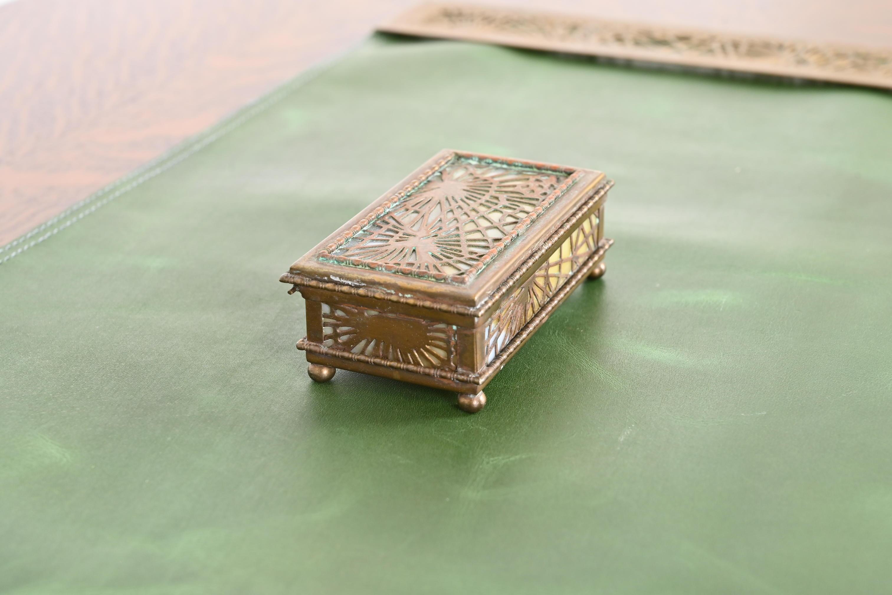 A gorgeous antique Arts & Crafts or Art Deco period gilt bronze and slag glass 