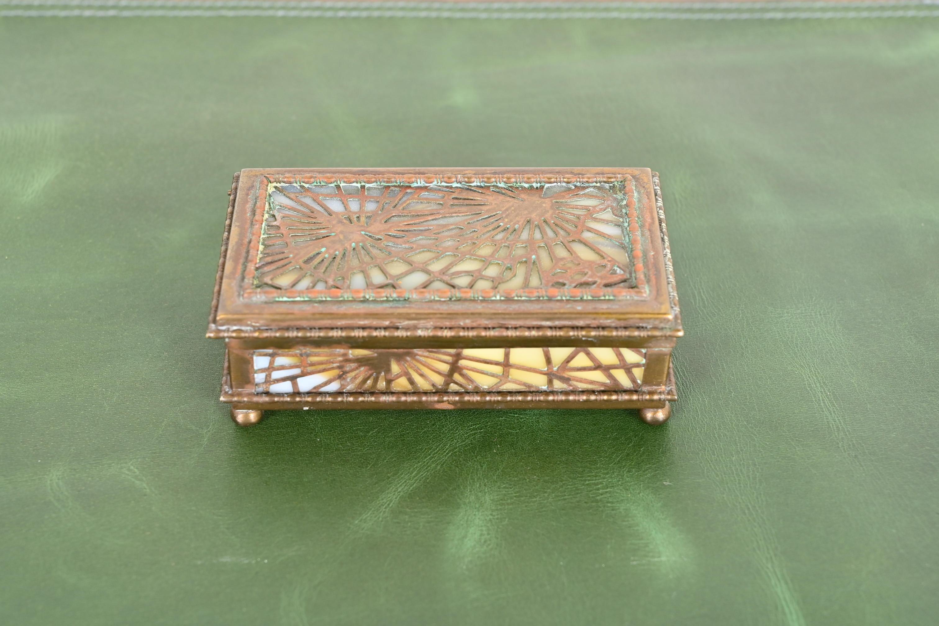 Arts and Crafts Tiffany Studios New York Pine Needle Bronze Doré and Slag Glass Stamp Box
